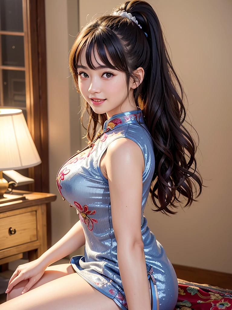 (highest quality,masterpiece:1.3,ultra high resolution),(Super detailed、caustics) (Photoreal:1.4, RAW shooting、)ultra-realistic capture、very detailed、natural skin texture、masterpiece、(Embroidered sequined cheongsam:1.3)、shining chest、1 Japanese girl、adorable expression、expression of happiness、、young face、surprisingly cute、twin tails、curly hair、black hair、Scrunchie、light makeup、Big breasts that are about to burst、Straddling a chair、Filmed in a private room at a sex shop、shot from the side、Shining thighs、Bare arms、smile、inviting gaze、cowboy shot、