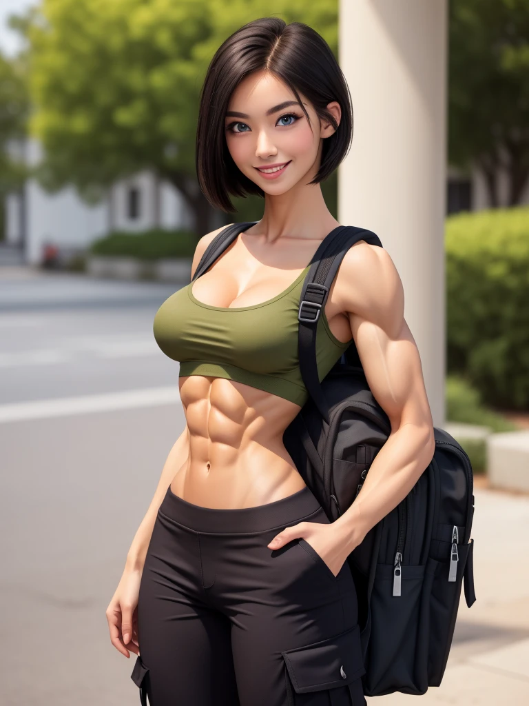 muscular, thick thighs, wide hips, huge perky ass, very pale fair glowy white skin, black hair, blue eyes, most beautiful woman on earth, detailed face and eyes, looking at viewer, facing camera, centred in frame, masterpiece, best quality, 8K HDR, huge breasts, 85mm photo, shallow depth of field, tack sharp, solo, 1girl, face extremely close to camera, from front, leaning into camera, cleavage, downblouse, very plump full lips, exaggerated hourglass physique, shredded fit body, zero body fat, muscle definition, striations, broad shoulders, deltoids, tiny waist, long lean torso, shredded eight pack abs, obliques, muscle visible through clothing, real hands, incredibly seductive college student, standing on campus, late night, army green cargo pants, black short sleeve tshirt, flirty smile, backpack