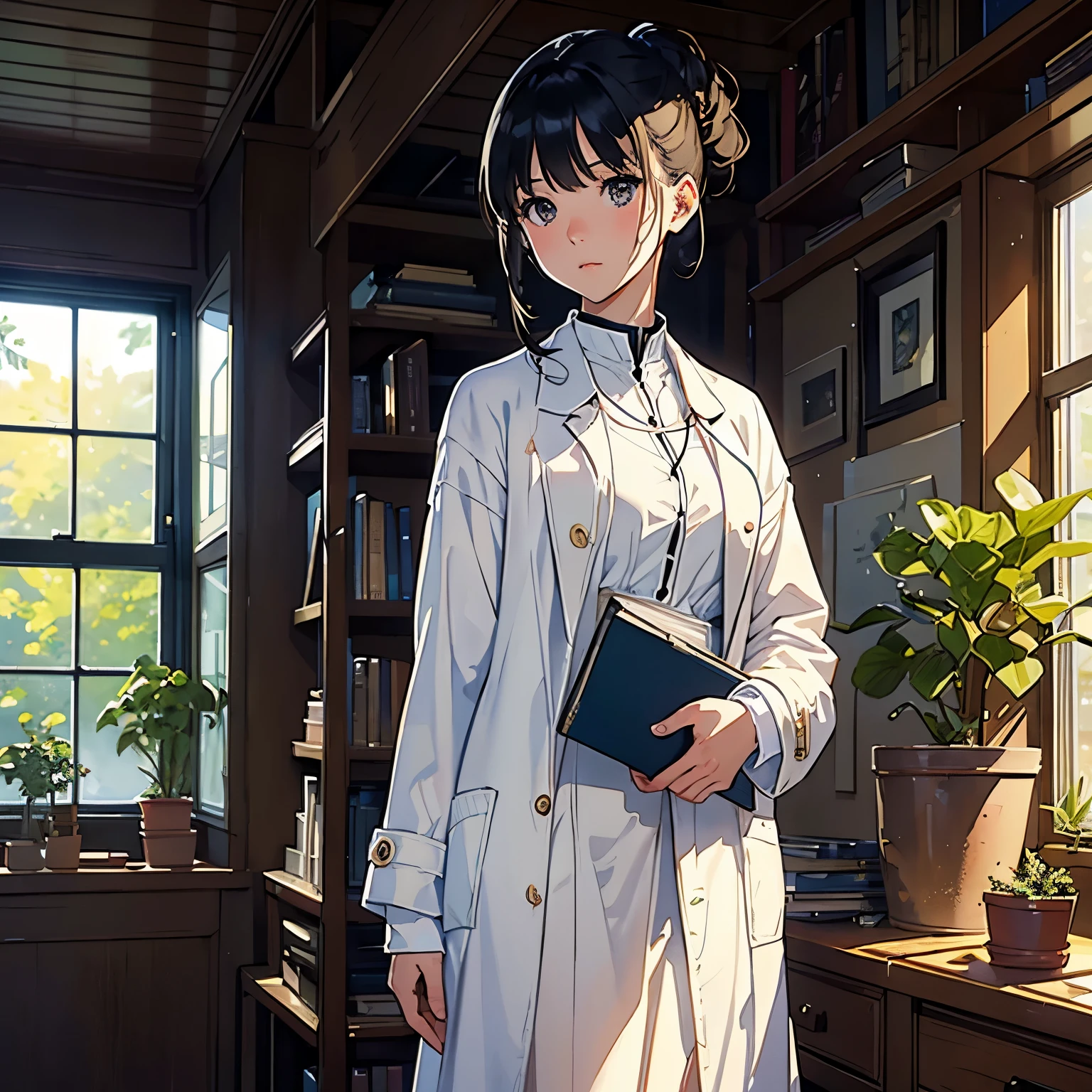 (highest quality、masterpiece、High resolution)、(Sargent style watercolor)、(anime art)、cinematic light、soft light、((1 girl))、20-year-old、((With documents、Standing by the wall))、black hair、short hair、semi-long、Put your hair up、(detailed depiction of the face)、((wearing a white coat))、(uniform、long skirt)、sophisticated look、small breasts、anatomically accurate hands、whole body、graduate School、Large bookshelf、Specimen shelf、Mineral specimens、Insect specimenicroscope、Laboratory instrument、Foliage plant、 blur the background、Window、(Evening outside)、