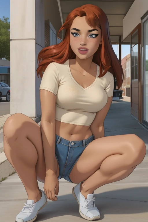 beautiful woman with messy windblown auburn hair, hazel eyes, freckles, thighs, wide hips, (thin lips:1.1), tiny denim cutoffs, k3d5 shoes, simple background
