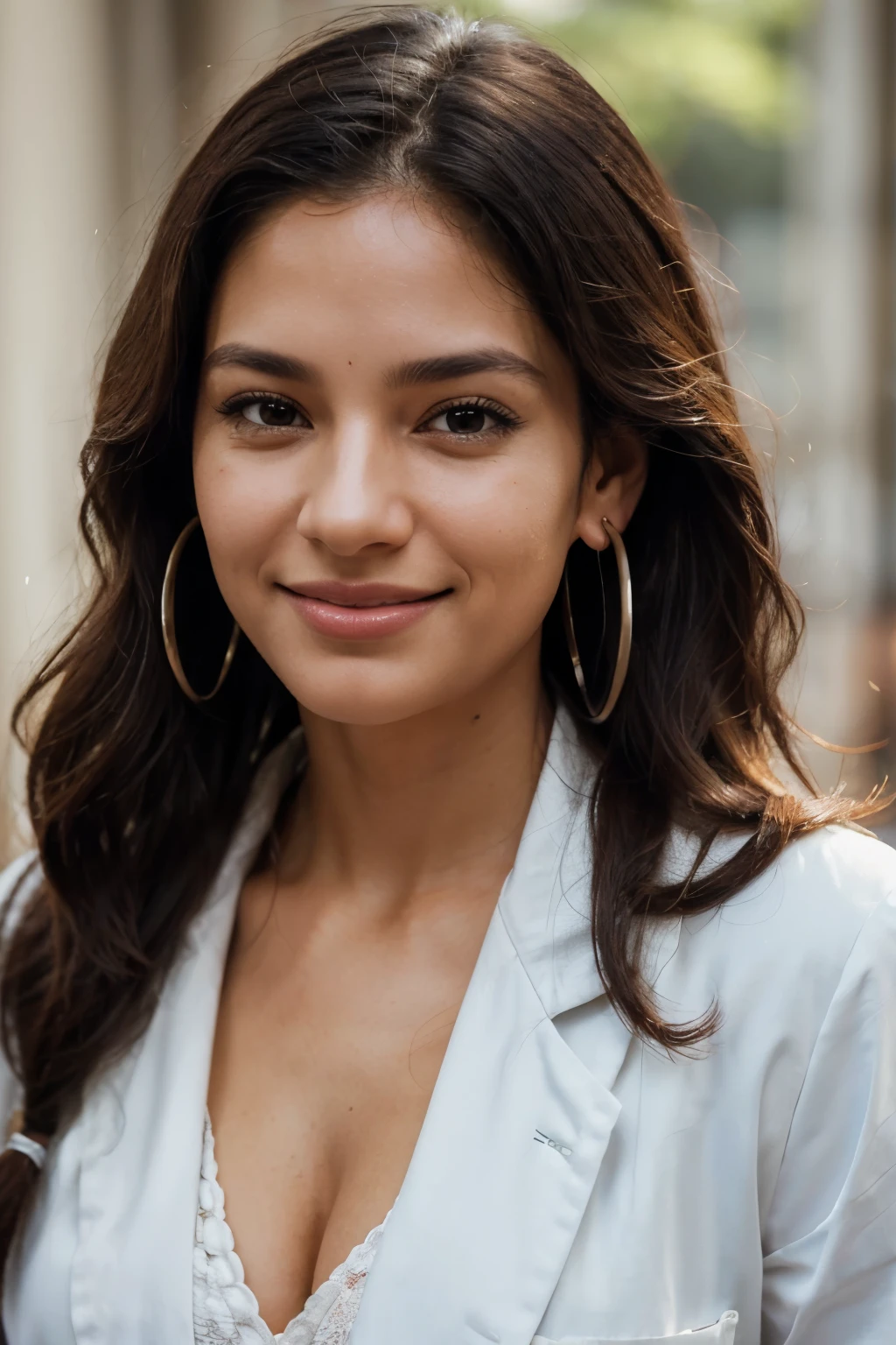 (Best quality, Ultra-detailed: 1.1), Photographic portrait of a Brazilian woman, 40 years old, impeccably dressed in a pristine lab coat, sharp features accentuated by her shoulder-length wavy hair, radiant and confident expression, white clothing enhancing her natural glow. (Photorealistic: 1.4), close-up focus on her face, intricate details revealing her Brazilian heritage, intently looking at the viewer with a warm and inviting smile, neatly tied back hair revealing her ears adorned with small hoop earrings, shallow depth of field emphasizing her stunning face and lab coat, high-definition, elegant