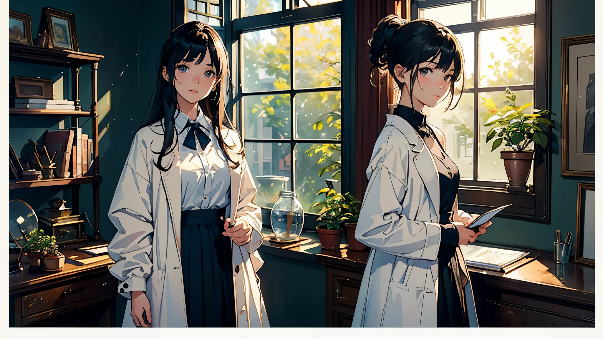 (highest quality、masterpiece、High resolution)、(Sargent style watercolor)、(anime art)、cinematic light、soft light、((1 girl))、20-year-old、((With documents、Standing by the wall))、black hair、short hair、semi-long、Put your hair up、(detailed depiction of the face)、((wearing a white coat))、(uniform、long skirt)、sophisticated look、small breasts、anatomically accurate hands、whole body、graduate School、Large bookshelf、Specimen shelf、Mineral specimens、Insect specimenicroscope、Laboratory instrument、Foliage plant、 blur the background、Window、(It's dusk outside)、