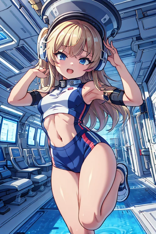 top-quality,Top image quality,in 8K,4K,​masterpiece,ultra-detailliert,Beautiful,ultra-quality, best quality,high resolution, ultra-detailed,game cg,dutch angle,(acrobatic pose):5,jumping:5,(inside spacestation,)beautiful detailed eyes,five fingers,headphone,nsfw,a beauty girl,(astrovest):5,(track uniforms),wet,(steam:1.5),Running form,open open mouth,(blonde hair),(long hair):2,Navel,space_station_interior, exercise_room, futuristic, high_technology, zero_gravity_exercise_equipment, high_resolution_landscape, sleek_design, minimalistic, 8K_resolution, game_cg_style, Dutch_angle, detailed_character, track_uniform, perfect_running_form, intense_expression, detailed_eyes, determination, steam:1.5, beauty, strength, five_fingers, visible_navel, open_mouth, ultra_quality, high_resolution, ultra_detailed,astrovest