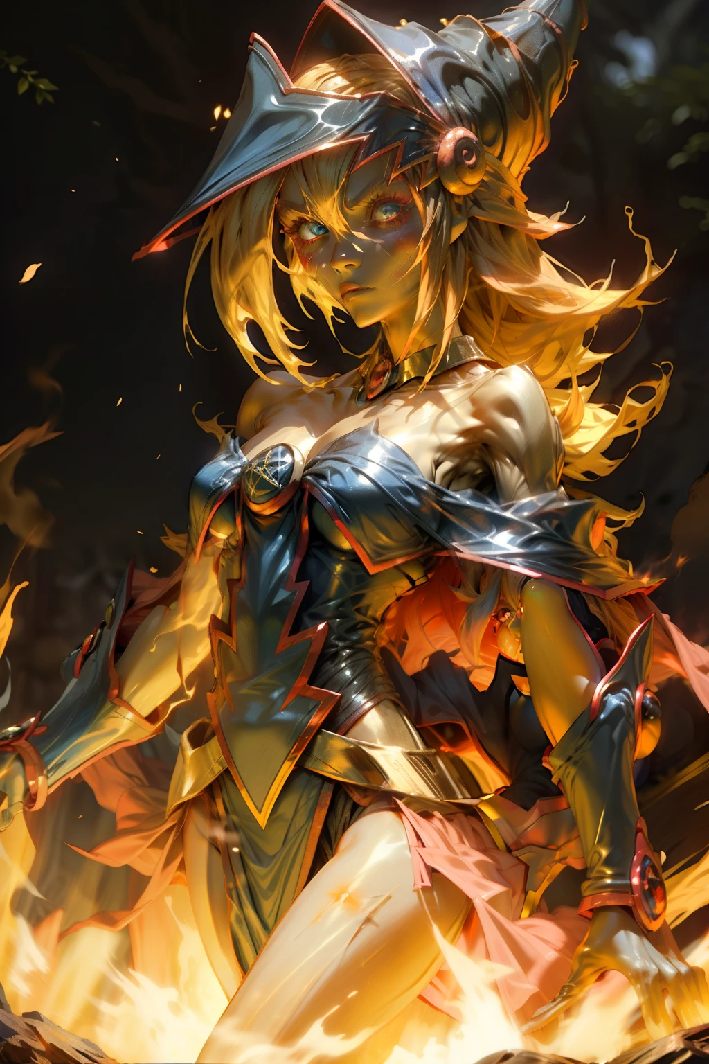 Maga oscura gils desnudas . Pose sensual. Entre llamas de fuego. Fondo de Fuego de infierno