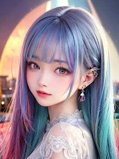 small face、 )Super detailed,bright colors, very beautiful detailed anime face and eyes, look straight,  shiny_skin,girl, (((rainbow colored hair, colorful hair, half blue hair、half red hair: 1.2))), 、shiny hair, delicate beautiful face, blush、Glasses、(turquoise eyes), , Valletta, earrings,、（(flower garden、sunset、luxury hotel)）、((silver、translucent、short sleeve、Floral、Lace blouse))、（twin tails）、（smile、happy face、face dyed red）、cheerful pose、dynamic、Upper body、