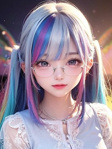 small face、 )Super detailed,bright colors, very beautiful detailed anime face and eyes, look straight,  shiny_skin,girl, (((rainbow colored hair, colorful hair, half blue hair、half red hair: 1.2))), 、shiny hair, delicate beautiful face, blush、Glasses、(turquoise eyes), , Valletta, earrings,、（(flower garden、sunset、luxury hotel)）、((silver、translucent、short sleeve、Floral、Lace blouse))、（twin tails）、（smile、happy face、face dyed red）、cheerful pose、dynamic、Upper body、