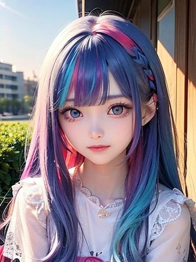 small face、 )Super detailed,bright colors, very beautiful detailed anime face and eyes, look straight, shiny_skin,girl, (((rainbow colored hair, colorful hair, half blue hair、half red hair: 1.2))), 、shiny hair, delicate beautiful face, blush、Glasses、(turquoise eyes), , Valletta, earrings,、((flower garden、sunset、luxury hotel))、((silver、translucent、short sleeve、Floral、Lace blouse))、(twin tails)、(smile、happy face、face dyed red)、cheerful pose、dynamic、Upper body、