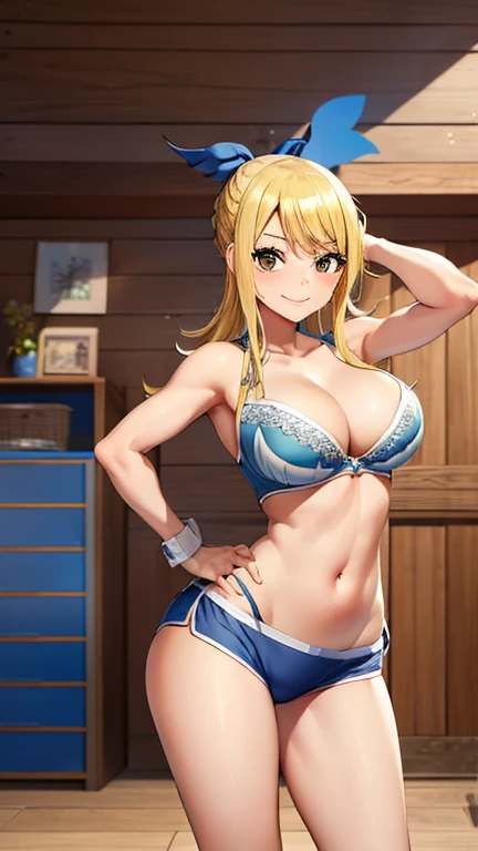 (obra maestra, Mejor calidad:1.2), solo, 1 chica, Lucy Heartfilia, sonrisa, mirando al espectador, arms behind the back, blue mini bra, ropa interior azul, botas hasta el muslo, foto de cuerpo completo, Complete photo session,