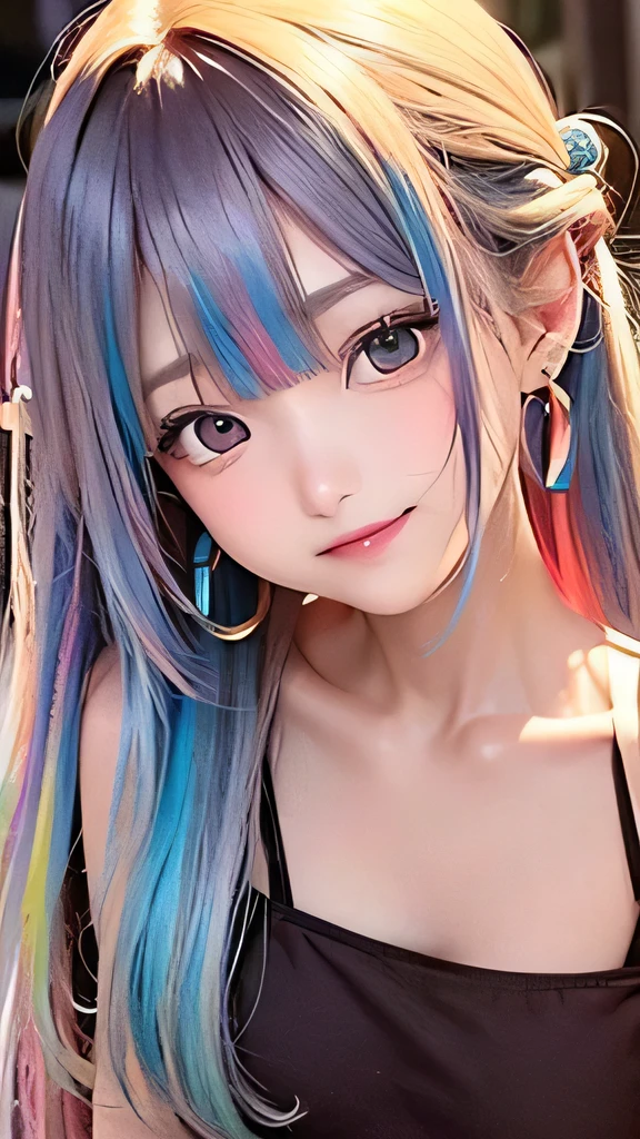 small face、 (alone:1.5,)Super detailed,bright colors, very beautiful detailed anime face and eyes, look straight, shiny_skin,girl, (((rainbow colored hair, colorful hair, Half red、Half golden hair: 1.2))), 、shiny hair, delicate beautiful face, blush、Glasses、(turquoise eyes), , Valletta, earrings,、flower garden、sunset、(((See-through、sexy、camisole、Brown、,Translucent shirt)))、(twin tails)、smile、happy face、face dyed red、cheerful pose、dynamic、