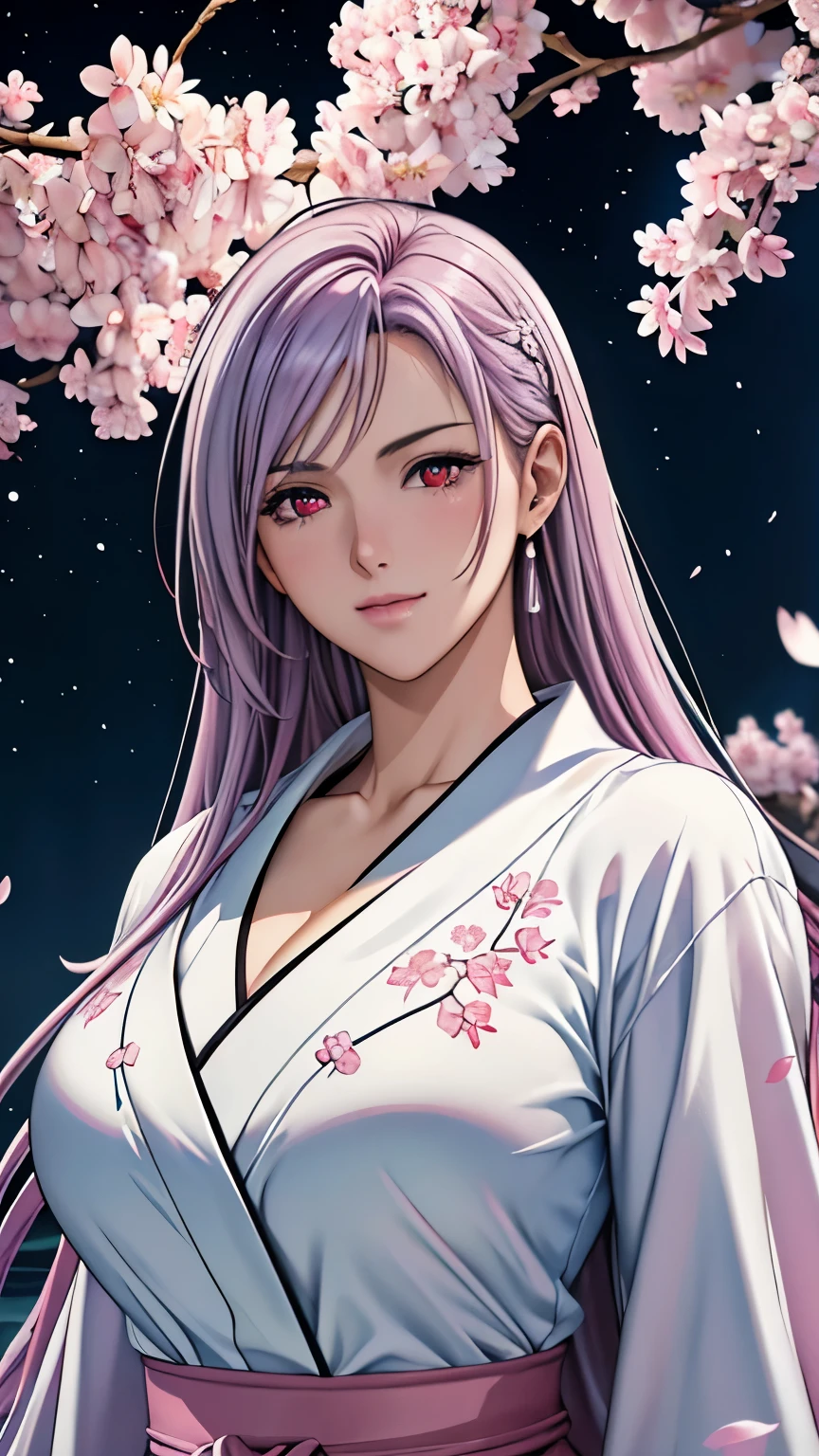 red eyes, (highest quality, masterpiece painting:1.3), immature woman, , (half body shot), masterpiece, ultra high resolution, (Photoreal:1.0), light purple hair,straight hair, beautiful shining hair, white and shining skin, ((Ultra realistic details)), octane rendering, highly detailed face, (big breasts:0.8), (make a heart with hands),（(Translucent white robe),  (pink feather robe,Layering), White cherry blossom embroidery pattern, silver earrings,（milky way galaxy), Hair flutters under the influence of the wind, Japanese garden with beautiful cherry blossoms at night, Mysterious night sky, Beautiful Landscapes, sharp focus, intricate details, professional artwork, (bright colors:1.1), bright colors, diffused lighting, digital blending, ultra-definition body, ultra detail hair, super detailed face, that&#39;It&#39;s trending on pixiv, top button open, Cute gaze, compensate, perfect lips, perfect compensate, Ultra-precision coating,  (light_smile:0.8), (Very embarrassed:1.2), blush your nose,