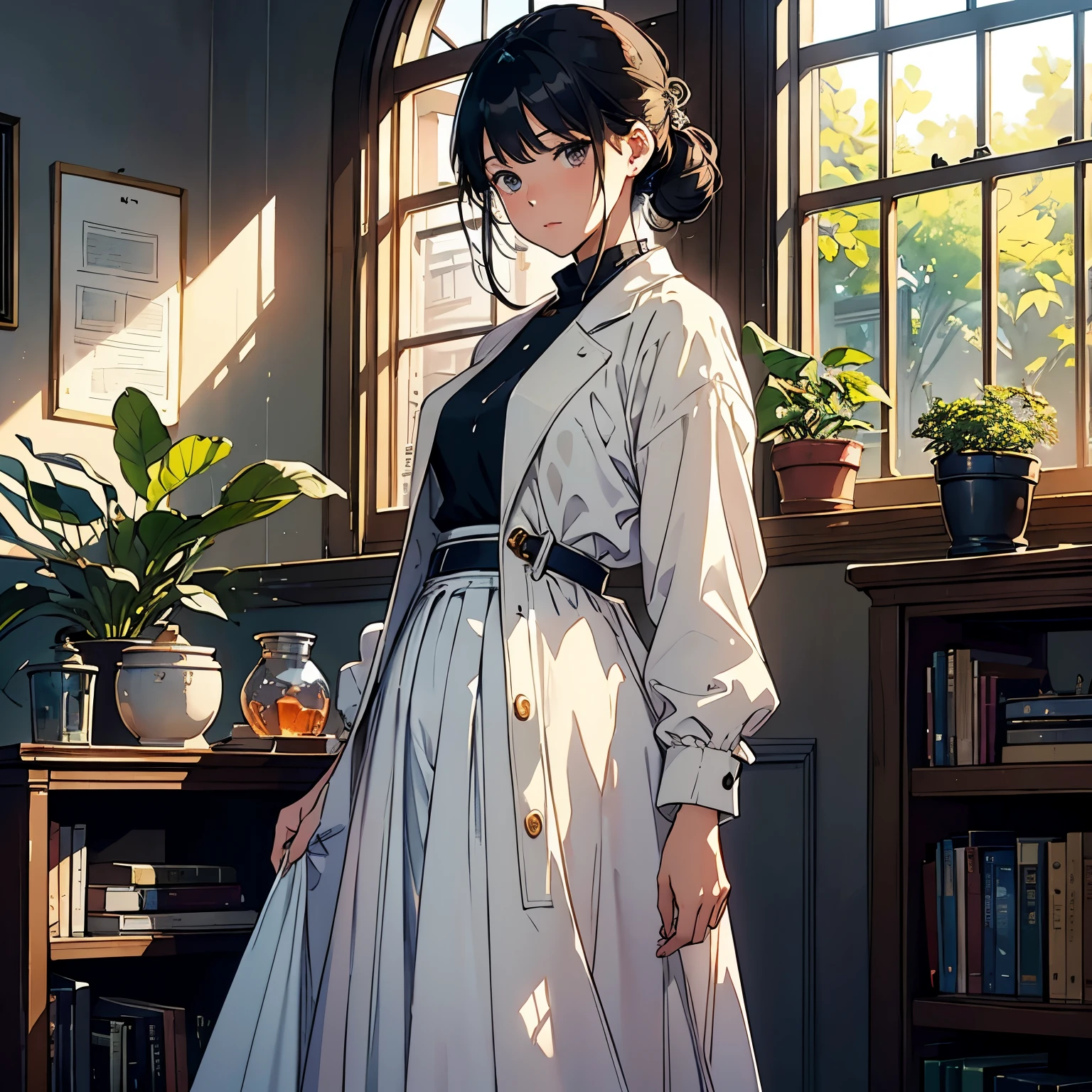 (highest quality、masterpiece、High resolution)、(Sargent style watercolor)、(anime art)、cinematic light、soft light、((1 girl))、20-year-old、((With documents、Standing by the wall))、black hair、short hair、semi-long、Put your hair up、(detailed depiction of the face)、((wearing a white coat))、(uniform、long skirt)、sophisticated look、small breasts、anatomically accurate hands、whole body、graduate School、Large bookshelf、Specimen shelf、Mineral specimens、Insect specimenicroscope、Laboratory instrument、Foliage plant、 blur the background、Window、(It's dusk outside)、