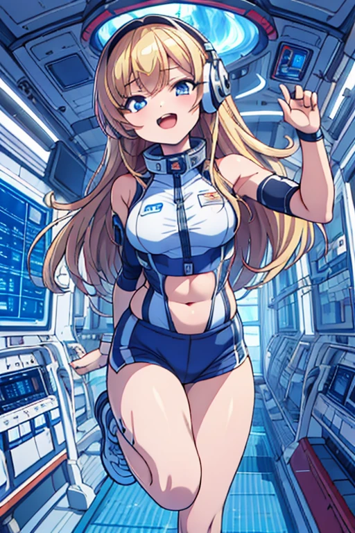 top-quality,Top image quality,in 8K,4K,​masterpiece,ultra-detailliert,Beautiful,ultra-quality, best quality,high resolution, ultra-detailed,game cg,dutch angle,(acrobatic pose):5,jumping:5,(inside spacestation,)beautiful detailed eyes,five fingers,headphone,nsfw,a beauty girl,(astrovest):5,(track uniforms),wet,(steam:1.5),Running form,open open mouth,(blonde hair),(long hair):2,Navel,space_station_interior, exercise_room, futuristic, high_technology, zero_gravity_exercise_equipment, high_resolution_landscape, sleek_design, minimalistic, 8K_resolution, game_cg_style, Dutch_angle, detailed_character, track_uniform, perfect_running_form, intense_expression, detailed_eyes, determination, steam:1.5, beauty, strength, five_fingers, visible_navel, open_mouth, ultra_quality, high_resolution, ultra_detailed,astrovest