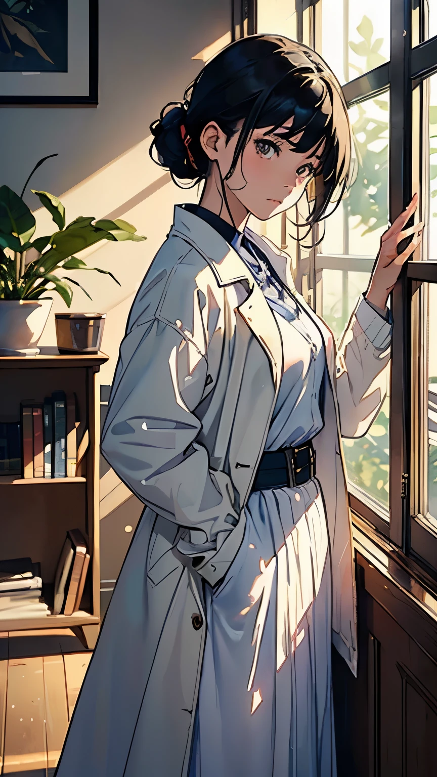 masterpiece,best quality,1girl, standing at the table, leaning against the wall, with pockets inserted, black short hair, wearing a white shirt, jeans, very cute, with a background of forest scenery