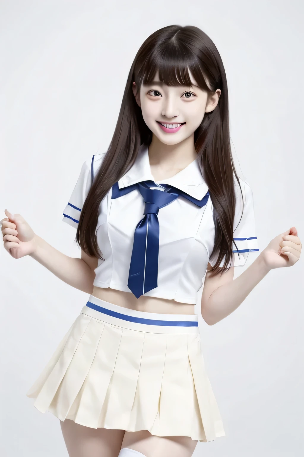 ((rare card picture、photo taken on card、glitter card))、(School Uniform Jacket、Worn shirt、Detailed bra、belly button、skirt、black hair、real face)、cute japanese woman、、young girl、light blue background、Turn your body to the front、smile、blank space above the head