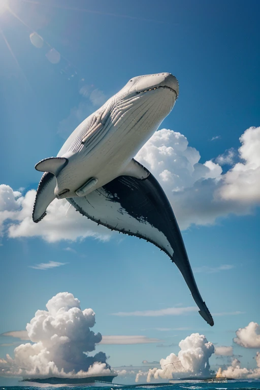 n awe-inspiring painting of a majestic cloud whale soaring gracefully through the sky. The whale's body is made of fluffy white clouds, and its eyes are two bright blue pools of water. Its tail is a swirling vortex of clouds, creating a sense of movement and power. The background features a vast, open sky with scattered clouds, giving the impression of endless freedom and adventure, 4k, Hight Resolution.