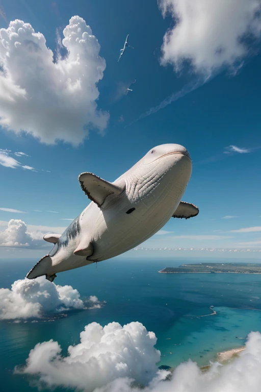 n awe-inspiring painting of a majestic cloud whale soaring gracefully through the sky. The whale's body is made of fluffy white clouds, and its eyes are two bright blue pools of water. Its tail is a swirling vortex of clouds, creating a sense of movement and power. The background features a vast, open sky with scattered clouds, giving the impression of endless freedom and adventure, 4k, Hight Resolution.
