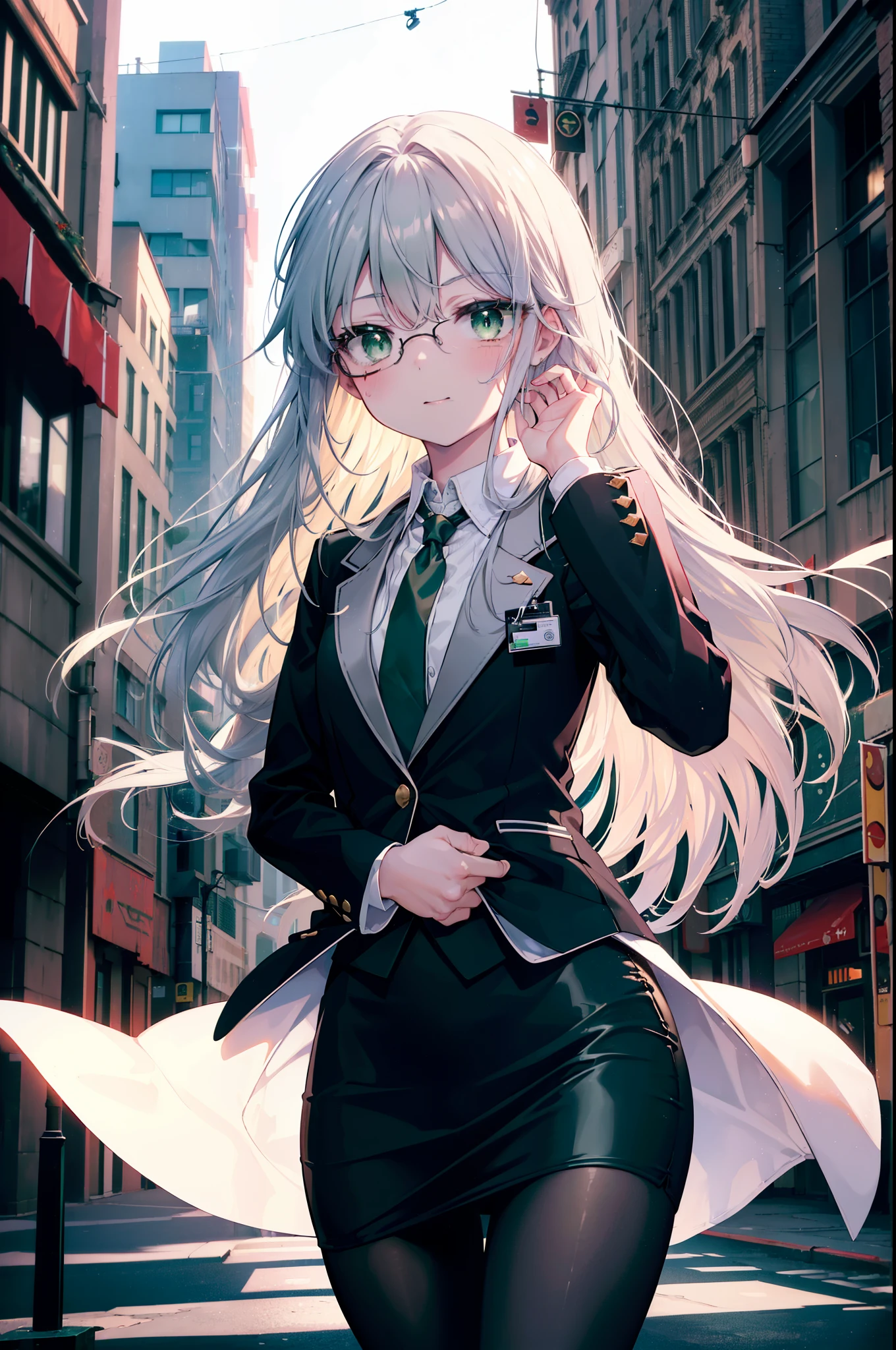 index, index, (green eyes:1.5), silver hair, long hair, (flat chest:1.2),smile,blush,open your mouth,
OL, red glasses, end, black suit jacket, collared jacket, white dress shirt, collared shirt, neckline, button, strap, ID card on neck, black pencil skirt, black pantyhose, stiletto heels, city street,morning,morning陽,The sun is rising, breaking the viewer, Upper body, whole body, (cowboy shot:1. 5)
break outdoors, In town,Destroy a city of buildings (masterpiece:1.2), highest quality, High resolution, unity 8k wallpaper, (figure:0.8), (detailed and beautiful eyes:1.6), highly detailed face, perfect lighting, Very detailed CG, (perfect hands, perfect anatomy),