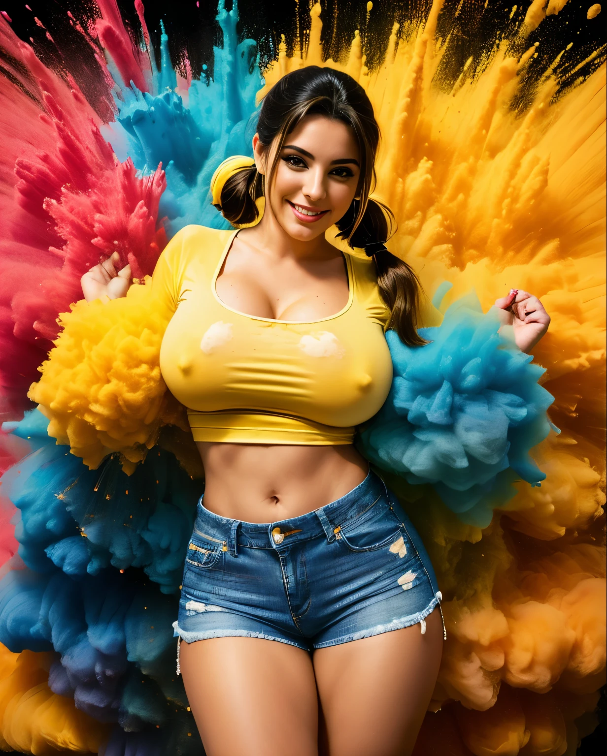 ((k3llybr00k, sexy, camiseta molhada, bigfaketits, mamilos excitados, mamilos grandes)),master part,best quality,intrincado,aesthetic,Rosto detalhado,Subsurface scattering,Olhando para o Viewer, 1girl,foto de uma bonito,corpo inteiro,Sorriso leve,encantador,20 anos,cabelo twintails.crew cut,colorido,splatter de tinta,Tecelagem,pano, BigFaketits, cabelos pretos , shorts jeans, camiseta