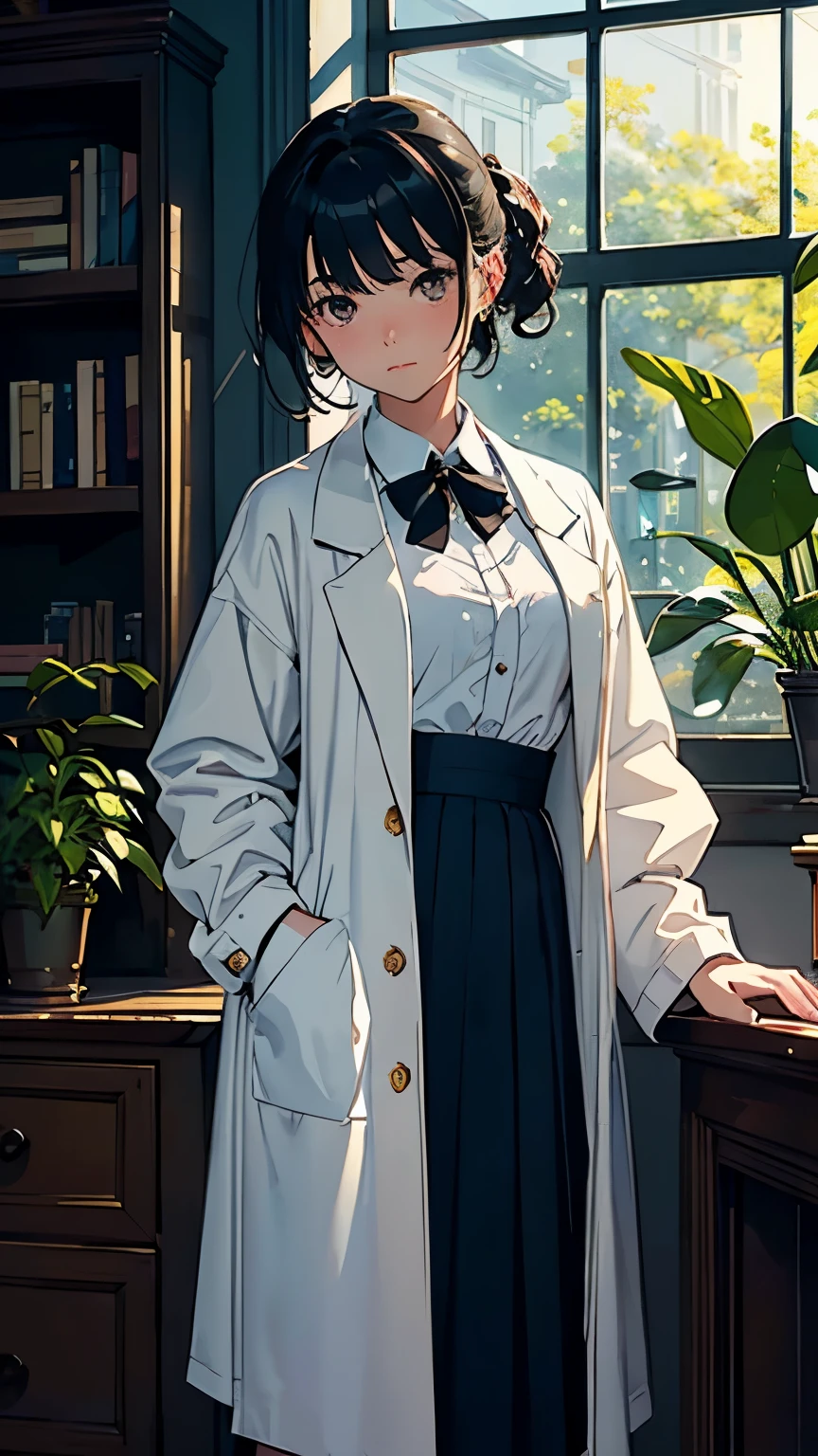(highest quality、masterpiece、High resolution)、(Sargent style watercolor)、(anime art)、cinematic light、soft light、((1 girl))、20-year-old、((With documents、Standing by the wall))、black hair、short hair、semi-long、Put your hair up、(detailed depiction of the face)、((wearing a white coat))、(uniform、long skirt)、sophisticated look、small breasts、anatomically accurate hands、whole body、graduate School、Large bookshelf、Specimen shelf、Mineral specimens、Insect specimenicroscope、Laboratory instrument、Foliage plant、 blur the background、Window、(Outside is the darkness of night)、