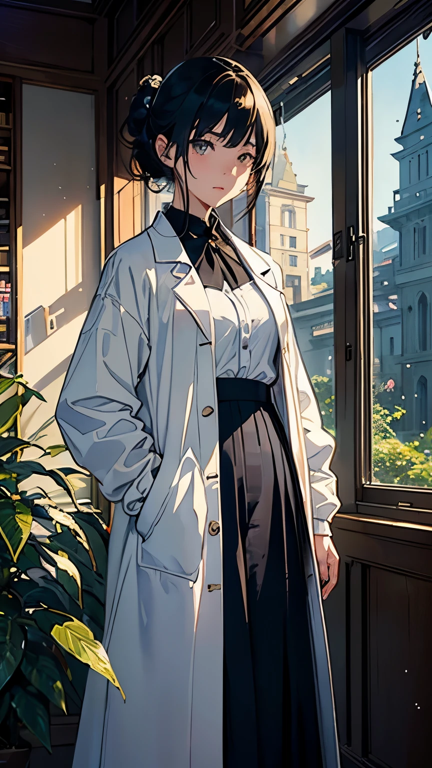 (highest quality、masterpiece、High resolution)、(Sargent style watercolor)、(anime art)、cinematic light、soft light、((1 girl))、20-year-old、((With documents、Standing by the wall))、black hair、short hair、semi-long、Put your hair up、(detailed depiction of the face)、((wearing a white coat))、(uniform、long skirt)、sophisticated look、small breasts、anatomically accurate hands、whole body、graduate School、Large bookshelf、Specimen shelf、Mineral specimens、Insect specimenicroscope、Laboratory instrument、Foliage plant、 blur the background、Window、(Outside is the darkness of night)、