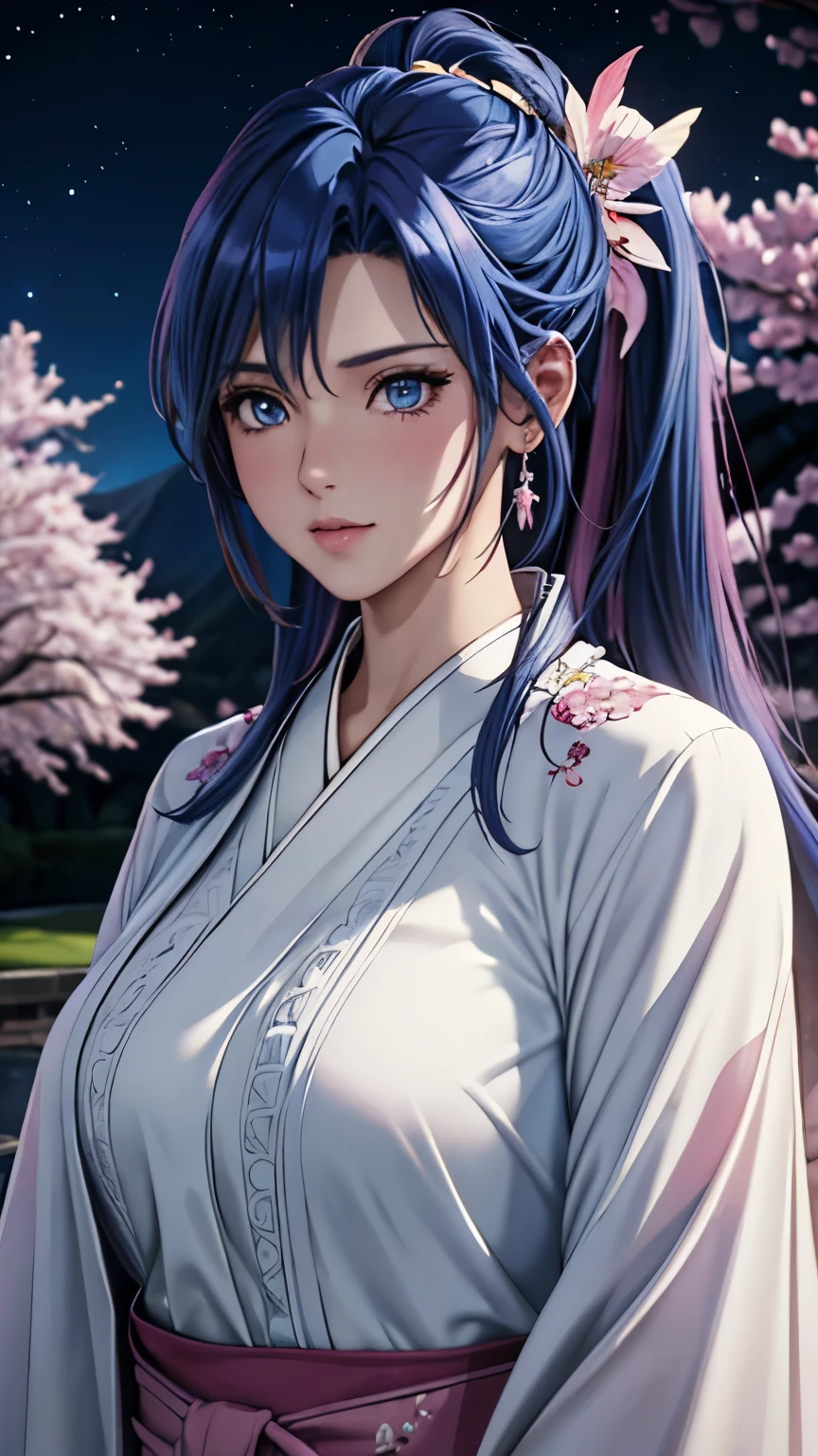 blue eyes, (highest quality, masterpiece painting:1.3), immature woman, 16 years old, (half body shot), masterpiece, ultra high resolution, (Photoreal:1.0), blue hair, ponytails, straight hair, beautiful shining hair, white and shining skin, ((Ultra realistic details)), octane rendering, highly detailed face, (big breasts:0.8), (make a heart with hands),（(Translucent white robe),  (pink feather robe,Layering), White cherry blossom embroidery pattern, silver earrings,（milky way galaxy), Hair flutters under the influence of the wind, Japanese garden with beautiful cherry blossoms at night, Mysterious night sky, Beautiful Landscapes, sharp focus, intricate details, professional artwork, (bright colors:1.1), bright colors, diffused lighting, digital blending, ultra-definition body, ultra detail hair, super detailed face, that&#39;It&#39;s trending on pixiv, top button open, Cute gaze, compensate, perfect lips, perfect compensate, Ultra-precision coating,  (light_smile:0.8), (Very embarrassed:1.2), blush your nose,