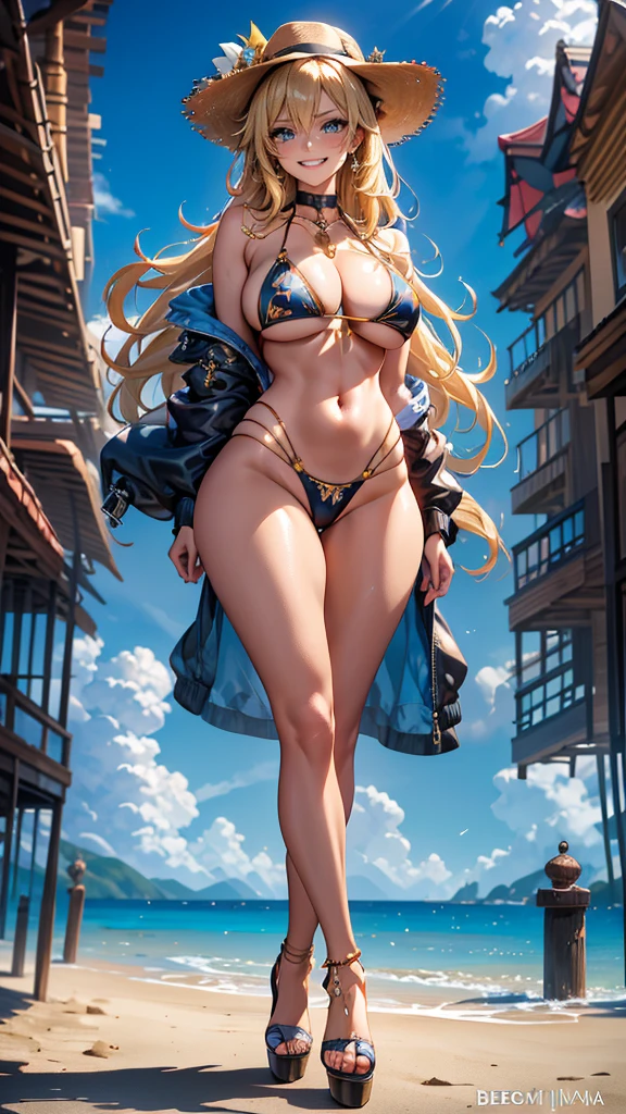 ((masterpiece, high resolution, better quality, better details)), (anime), one woman on the beach standing, ((toothy smile)), ((royal blue micro bikini with gold and black details)), ((thong bikini)), cleavage, platform high heels, black neck choker, large straw hat, light blonde hair, long hair, shiny skin, blue eyes, ((curvy body)), pose seductive, full body, front view, beach landscape,