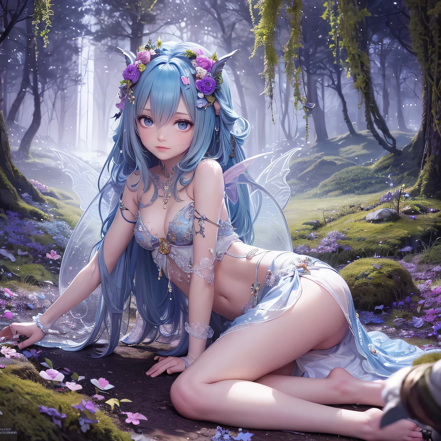 rope, enchanted forest, magical atmosphere, surreal, vibrant colors, soft lighting, ethereal, detailed fairy wings, mischievous expression, dynamic composition, fantasy elements, moss-covered trees, sparkling fairy dust, whimsical, mysterious, intense emotion, suspenseful, hidden treasure, ornate costume, gleaming dagger, suspenseful narrative, delicate features, delicate flowers, dramatic shadows. 

(best quality, highres), enchanted forest scene with a fairy tied up by a female thief. The fairy has intricate wings that shimmer with vibrant colors and delicate details. The thief, with a mischievous expression, is tying the fairy with a rope in a dynamic and suspenseful composition. The forest is filled with moss-covered trees and the atmosphere is magical and surreal. Soft lighting adds to the ethereal and mysterious ambiance. The fairy's delicate features show intense emotions as she struggles against the binds. Whimsical elements like sparkling fairy dust float in the air. The thief wears an ornate costume and holds a gleaming dagger. The scene hints at a hidden treasure and creates a suspenseful narrative. Delicate flowers bloom around the characters, contrasting with the dramatic shadows in the forest.