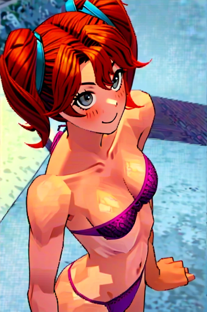 Twintail, red haired, 1girl, (grey eyes:1.5), well toned, well built, muscled, toned muscles, blushing, sweating, smiling, She is depicted in a solo composition, with captivating grey eyes her hair in a side ponytail being held by a blue ribbon that looks like bunny ears and a striking pink bra and pantie's. She lays on top of a bed, viewed from above."