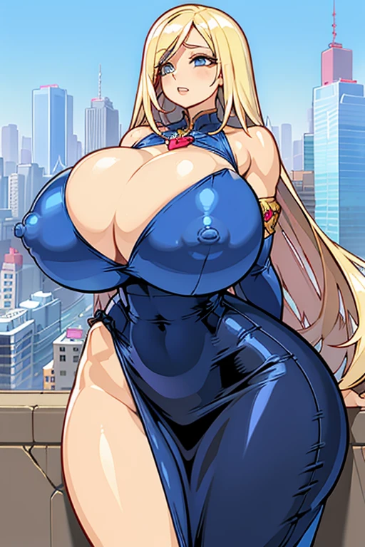 Shuz,1girl,solo,(hourglass body:1.3), (thin waist:1.3),(huge breasts:1.8),wide hips, (cleavage:1.3), nsfw, detailed dress, detailed background, beautifully detailed jewelry, covered nipples, pencil dress, cityscape, bare shoulders, blonde hair