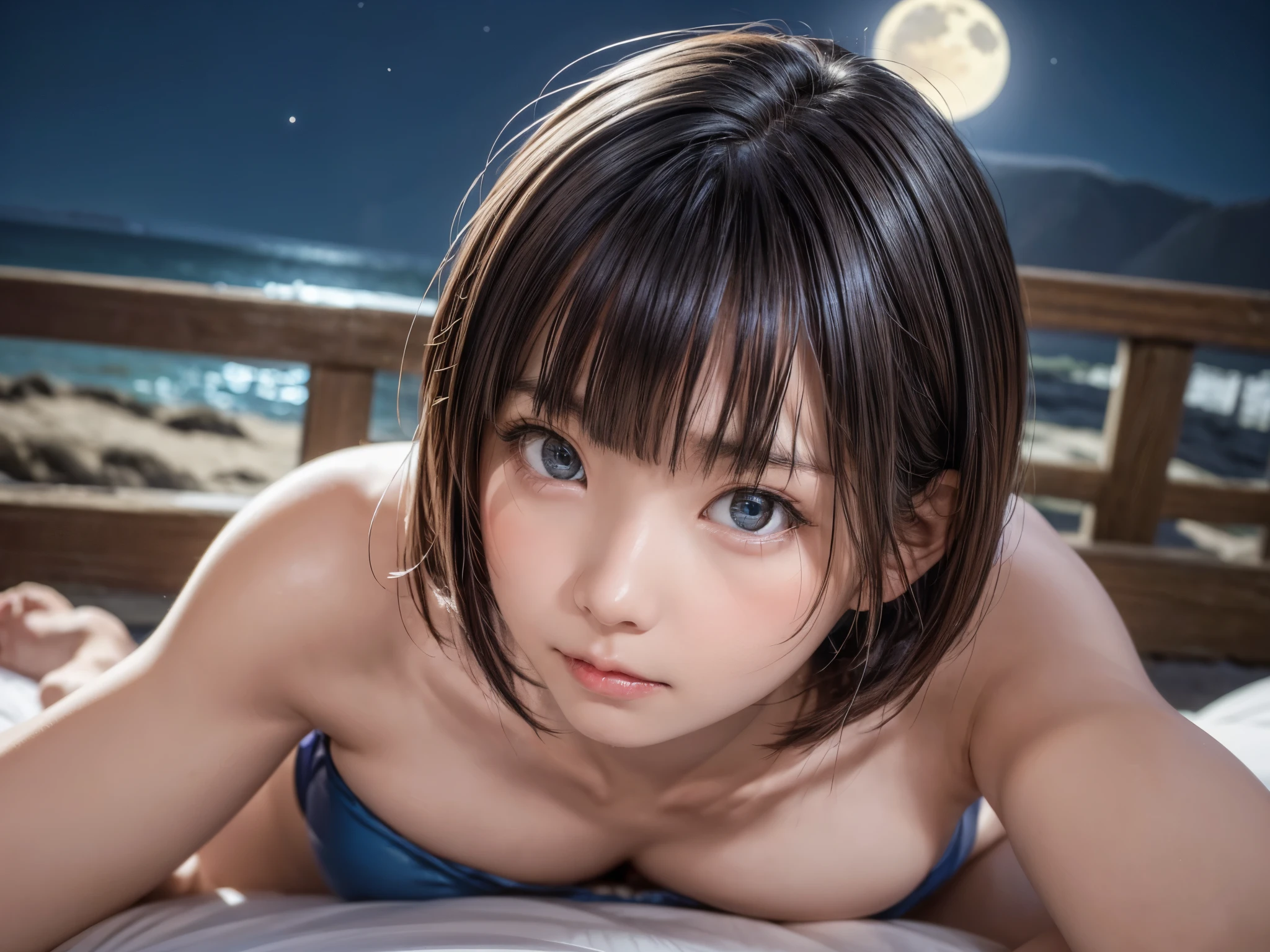 (masterpiece:1.1)、highest quality、(super detailed:1.3)、photo art、4k wallpaper、Detailed and realistic、alone、Beauty、cinematic angle、Beautiful face and eyes、short hair、bikini and skirt、jewelry accessories、Observe your surroundings、Waiting and watching、coastal、Illuminated by the moonlight