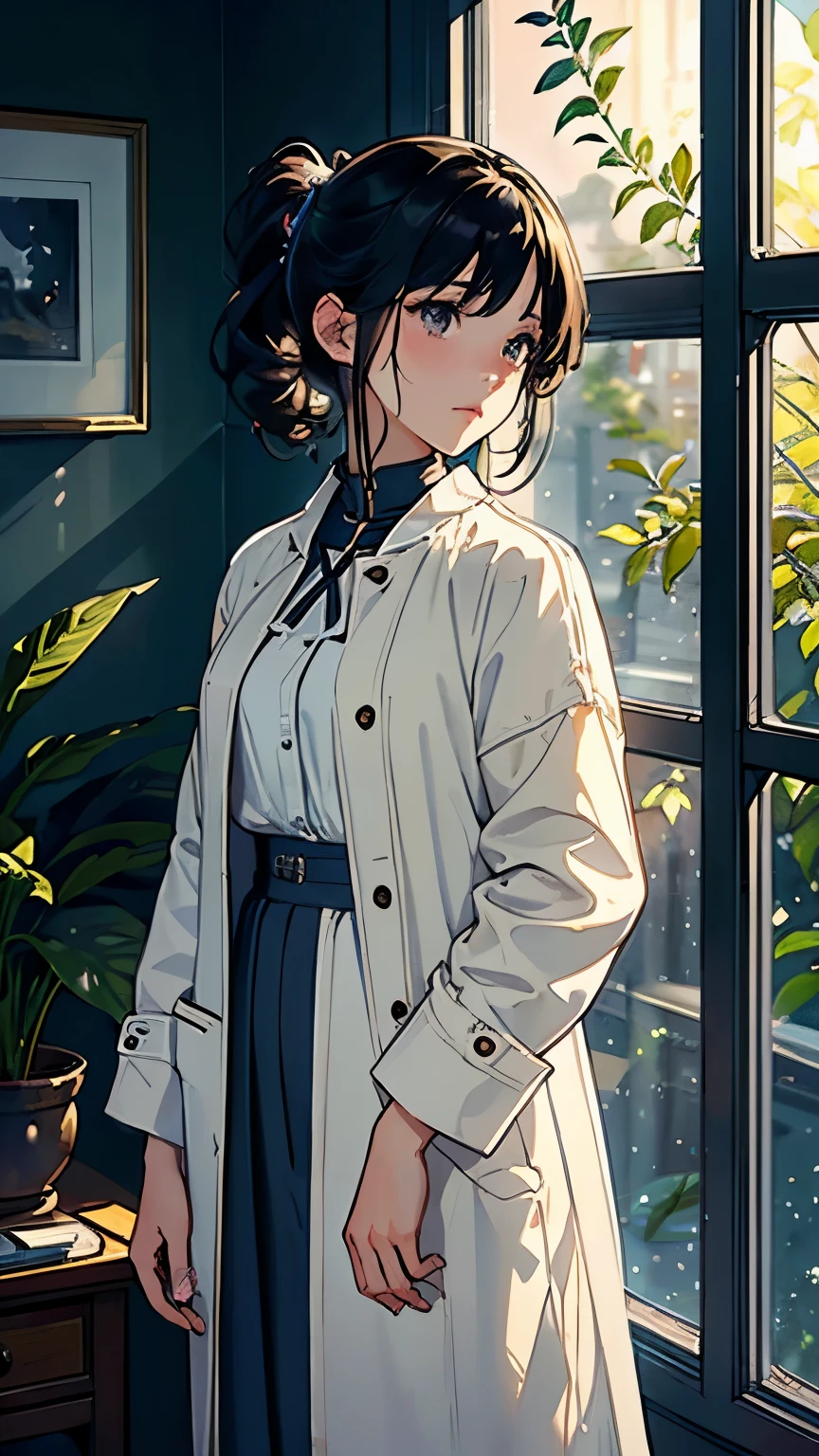 (highest quality、masterpiece、High resolution)、(Sargent style watercolor)、(anime art)、cinematic light、soft light、((1 girl))、20-year-old、((With documents、Standing by the wall))、black hair、short hair、semi-long、Put your hair up、(detailed depiction of the face)、((wearing a white coat))、(uniform、long skirt)、sophisticated look、small breasts、anatomically accurate hands、whole body、graduate School、Large bookshelf、Specimen shelf、Mineral specimens、Insect specimenicroscope、Laboratory instrument、Foliage plant、 blur the background、Window、((Night view outside the window))、((indoors at night、illumination))、
