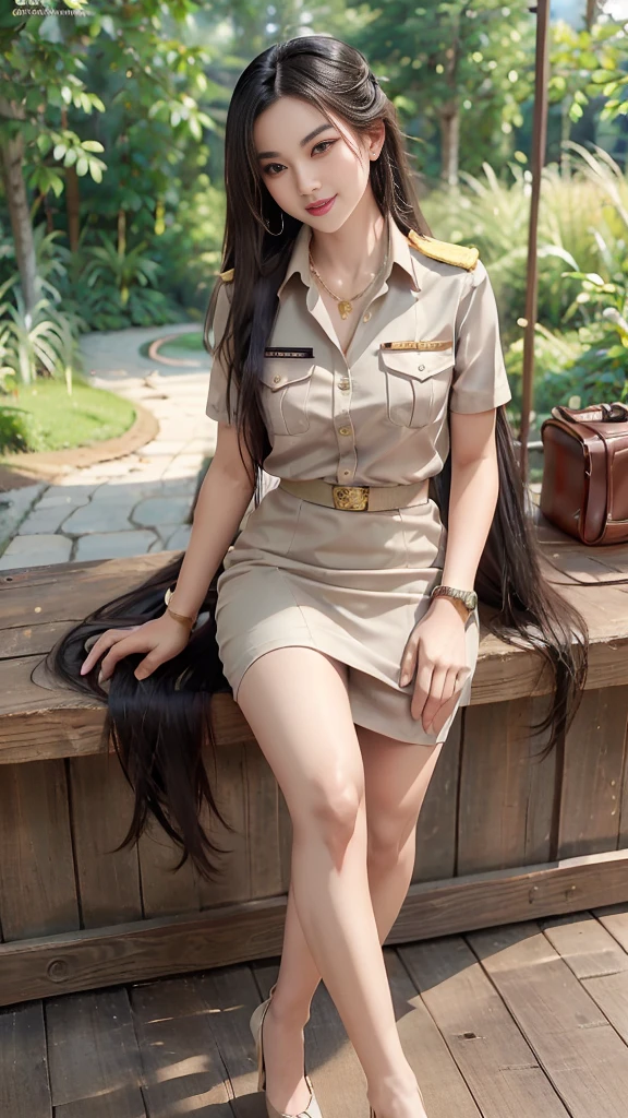 Khaki suit, khaki civil servant, Thai teacher uniform:1.3, Beautiful girl with extra long hair, Two meter long hair, Long hair that catches the eye, long black hair, Her hair is very long., Long, shiny hair, Long, thick, soft hair, Extra long hair, Dynamic posts, like full body, Short sleeve shirtสีกากี, short pencil skirtสีกากี, side cut, Decorated with military insignia., black high heels, The sexiest, small waist, hips raised, small thighs, Long legs, Women&#39;s fingers are slender and beautiful., Huge breasts, Huge breasts:1.5, big breast, Very big breasts, Eye-catching breasts, A gigantic rift, Not completely covered, big breast, Huge breast, Big tits D, สาวTwo meter long hair, Beautiful face, red lips, Very shiny, แต่งBeautiful face, Military rank insignia, short pencil skirt, tight, ultra short skirt, very short skirt, Wear a miniskirt., Short sleeve shirt, tight fitting, in the background, blurred garden., seductive gesture, Women&#39;s condition, Hermes 2002-26 Bag, Gold Necklace, นาฬิกา Apple Watch, stand, walk, กำลังwalkลงจากบันได,