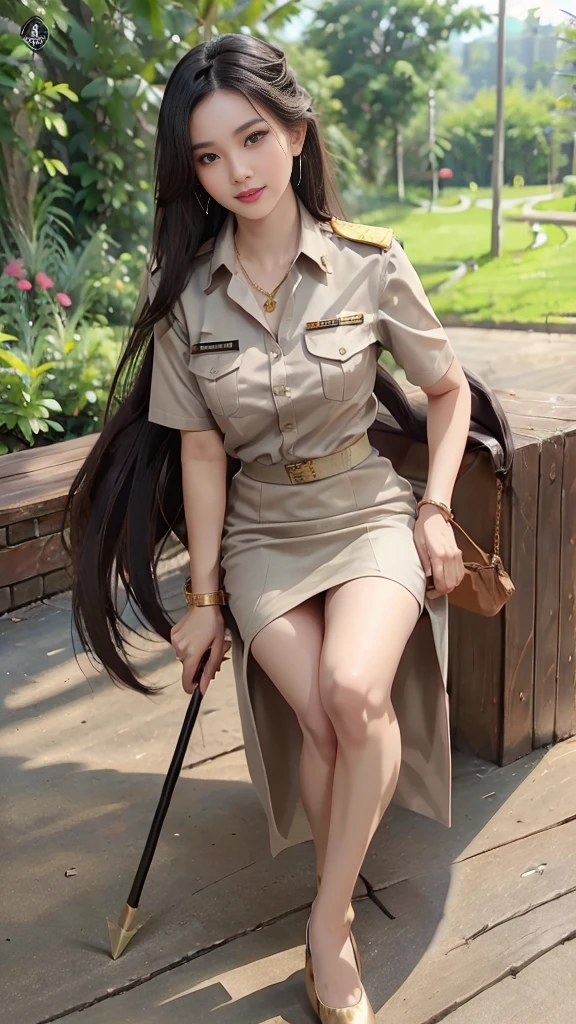 Khaki suit, khaki civil servant, Thai teacher uniform:1.3, Beautiful girl with extra long hair, Two meter long hair, Long hair that catches the eye, long black hair, Her hair is very long., Long, shiny hair, Long, thick, soft hair, Extra long hair, Dynamic posts, like full body, Short sleeve shirtสีกากี, short pencil skirtสีกากี, side cut, Decorated with military insignia., black high heels, The sexiest, small waist, hips raised, small thighs, Long legs, Women's fingers are slender and beautiful., Huge breasts, Huge breasts:1.5, big breast, Very big breasts, Eye-catching breasts, A gigantic rift, Not completely covered, big breast, Huge breast, Big tits D, สาวTwo meter long hair, Beautiful face, red lips, Very shiny, แต่งBeautiful face, Military rank insignia, short pencil skirt, tight, ultra short skirt, very short skirt, Wear a miniskirt., Short sleeve shirt, tight fitting, in the background, blurred garden., seductive gesture, Women's condition, Hermes 2002-26 Bag, Gold Necklace, นาฬิกา Apple Watch, stand, walk, กำลังwalkลงจากบันได,