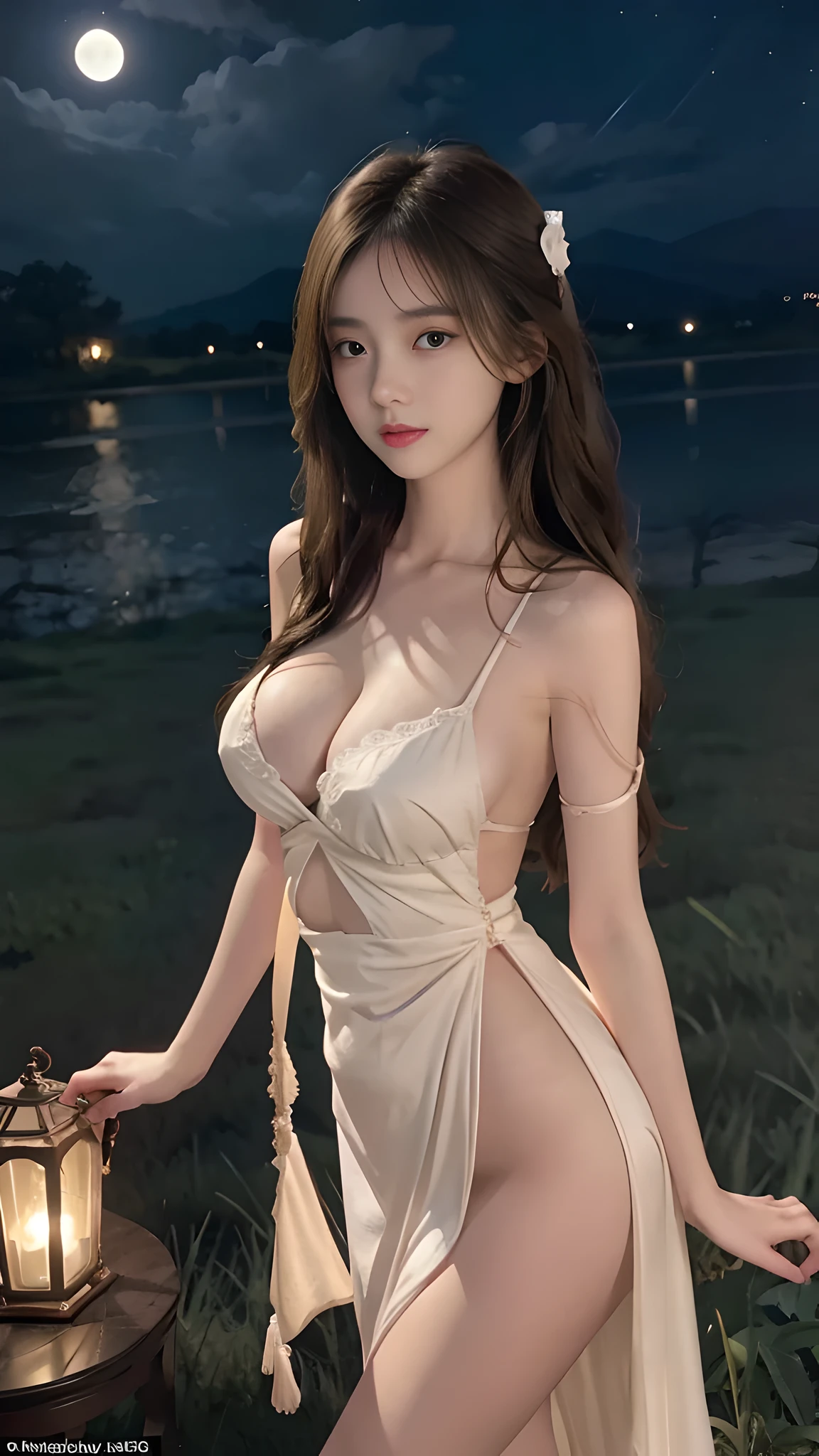 full hd 8k Girl standing in front of a field full of brilliant flowers. It was dark but the moonlight was bright, illuminating the girl's beautiful face. The girl raised her hand to the sky as if she wanted to touch the bright moonlight. The girl's arms are spread wide, creating an extremely impressive and majestic scene. The flower garden appeared before the girl's eyes, creating an emotional and romantic scene. Her long, silky hair was gently blown by the night wind, creating a gentle and romantic feeling. She looked up at the starry sky, as if searching for something, her eyes showing a pensive and lonely look. The full moon shines in the night sky creating a beautiful scene. The photo was taken from a far angle, capturing the girl's entire body, including the shining full moon. The girl has long, silky hair, creating a luxurious and noble beauty. The moonlight shines on the girl's delicate face, highlighting her large, round light brown eyes, creating a natural, gentle beauty. She wears a long yellow dress. Her plump breasts were exposed, revealing her plump and extremely sexy breasts. The thigh-skimming dress revealed one sexy thigh, highlighting her sexy beauty. Her dress is delicately designed with curving curves, creating a soft, feminine beauty. These images capture detailed panoramic portraits and views of the sky and flower gardens. All create a beautiful, beautiful picture that makes people unable to take their eyes off the scene. All of these details are depicted clearly and sharply, creating sexyly poses,