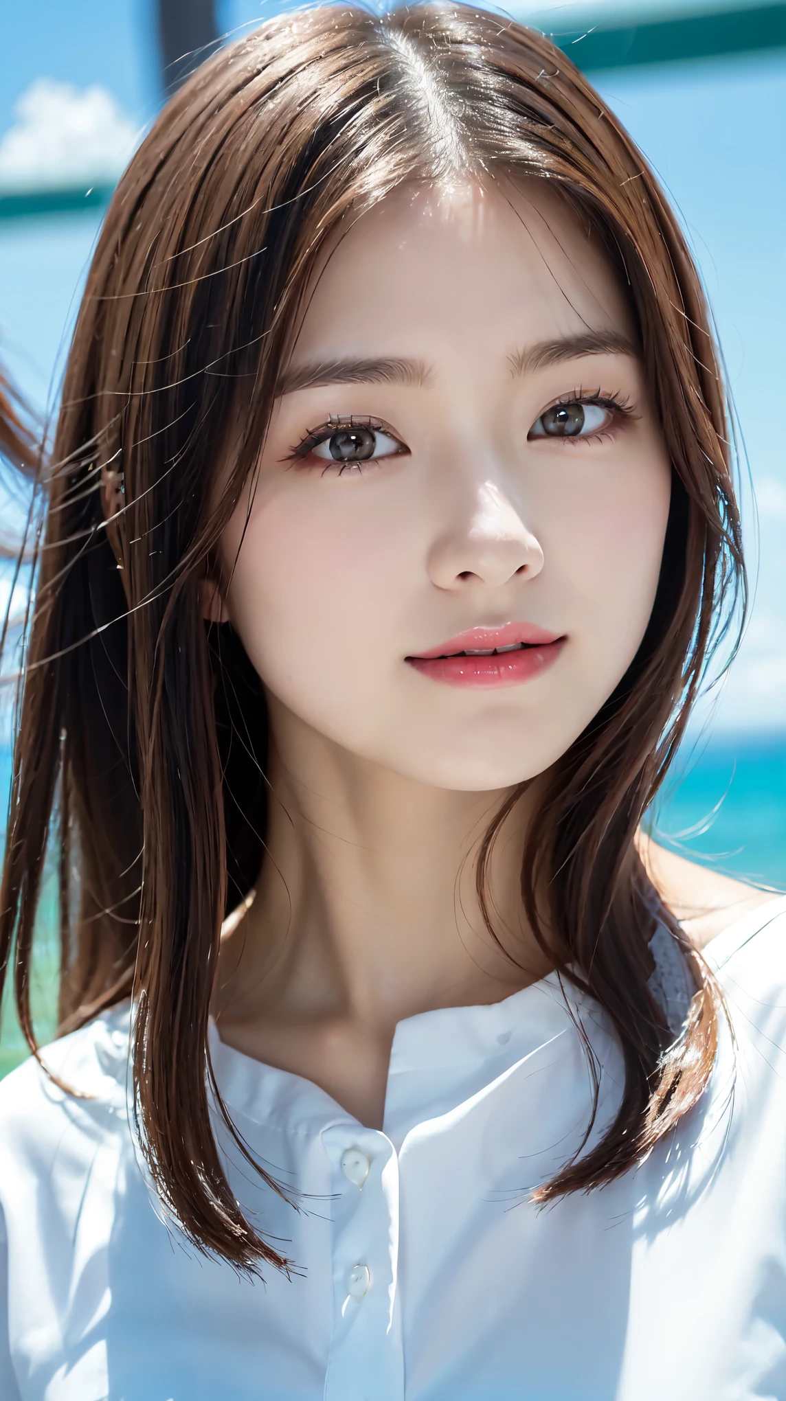 whiteTshirt、full body shot、Complex and beautiful eyes、woman、womanらしい髪型、natural color lip、bold and sexy pose、smile、Ocean、((18歳woman:1.2))、young adorable japanese face, official art,Highly detailed CG Unity 8K wallpaper,(masterpiece:1.0),(highest quality:1.0), 超A high resolution,4k,Super detailed, photo shoot, 8K, nffsw, High resolution, kodak portrait 400, film grain, lens flare glow,高いest quality,8K,nffsw:1.2),portrait shot,8K、View viewer