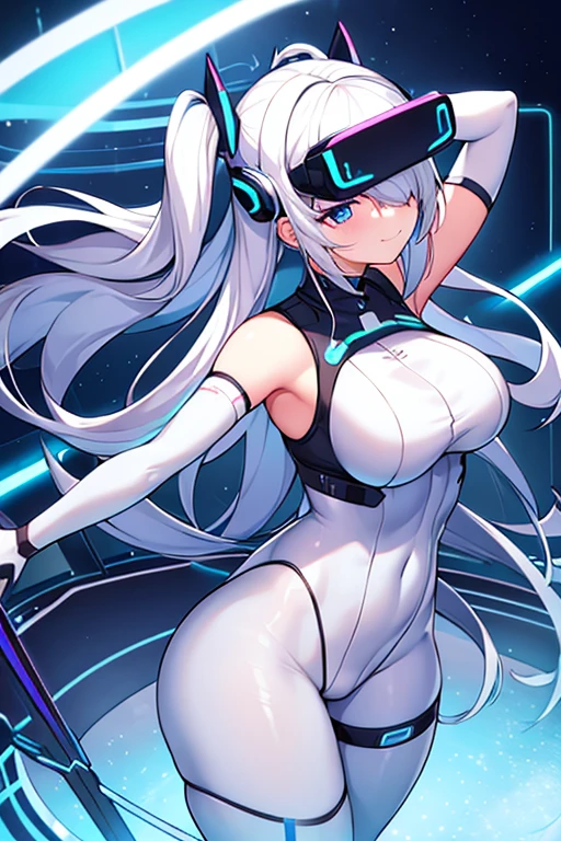 1girl, white hair, long hair, vr visors, visors, head-mounted display, ((covered eyes)), covered eyes, bodysuit, white bodysuit, science-fiction, machinery, futuristic, tech, blue trim, blue neon trim, neon, neon trim, large breasts, thick thighs, wide hips, swaying hips, hip sway, sway, arms behind back, arms up, smile, hands behind back, dance