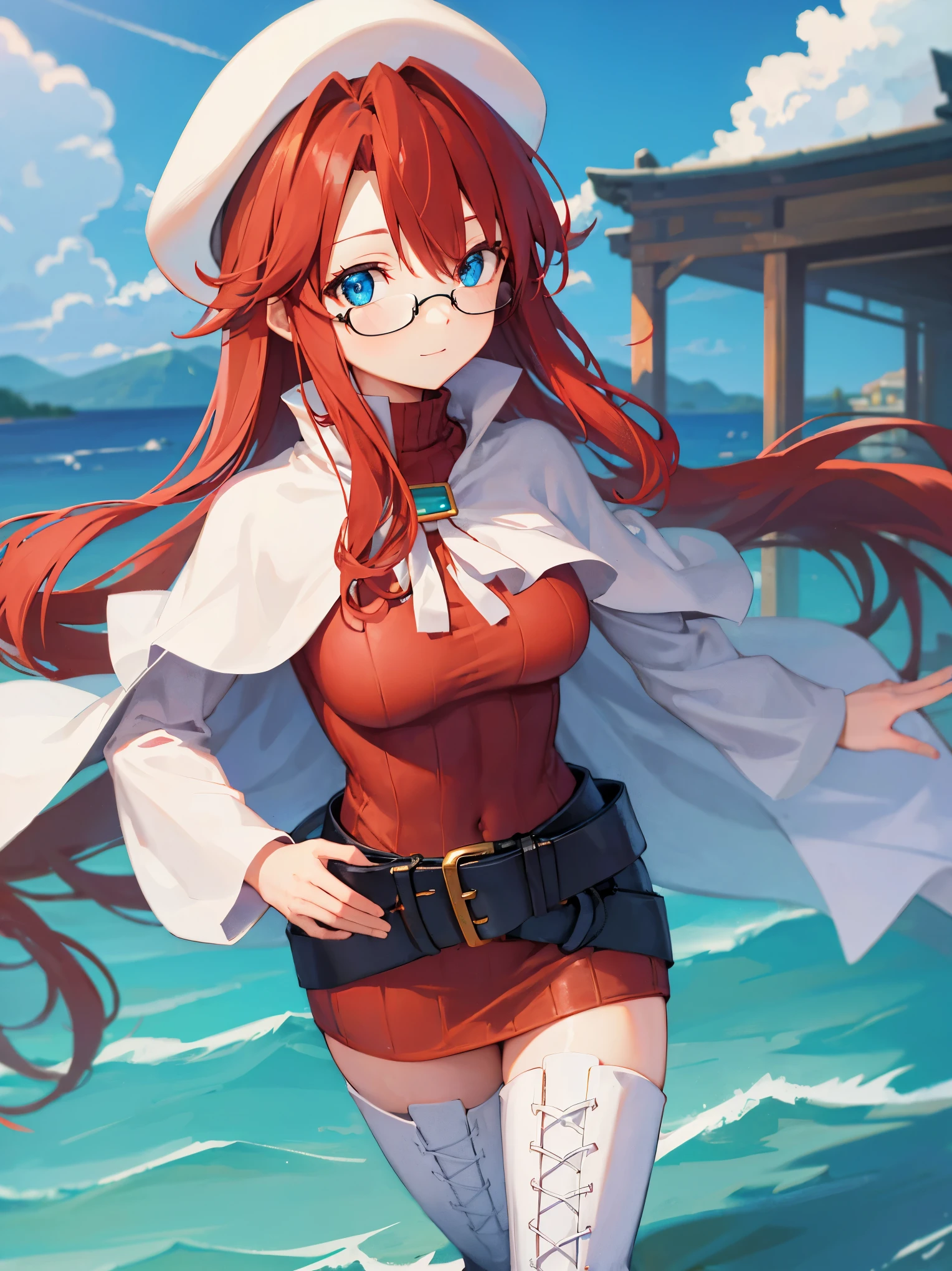 summonnightaty, aty, long hair, blue eyes, red hair, beret, hat, glasses,
BREAK long hair, thighhighs, hat, dress, boots, glasses, belt, cape, sweater, zettai ryouiki, beret, thigh boots, white footwear, ribbed sweater, loose belt,solo,
BREAK outdoors, fantasy,on_a_ship,
BREAK (masterpiece:1.2), best quality, high resolution, unity 8k wallpaper, (illustration:0.8), (beautiful detailed eyes:1.6), extremely detailed face, perfect lighting, extremely detailed CG, (perfect hands, perfect anatomy),covered_nipples,covered_navel,light_smile ,(half_eyes:1.4),sword,armpit,sleepy,dynamic_standing,barrel,red_sweater,apart_legs,magical_effect,pulmp,big_tits,