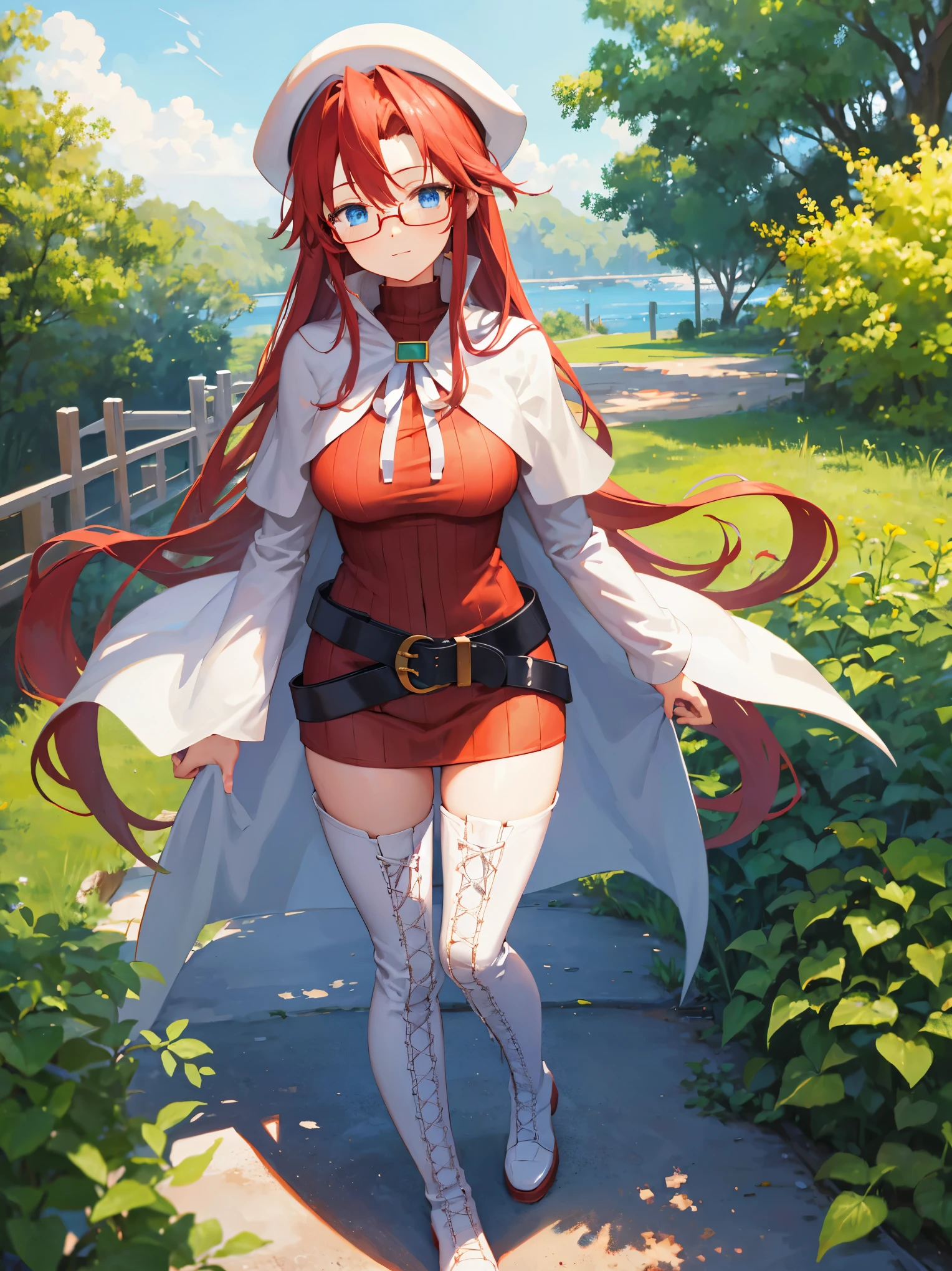 summonnightaty, aty, long hair, blue eyes, red hair, beret, hat, glasses,
BREAK long hair, thighhighs, hat, dress, boots, glasses, belt, cape, sweater, zettai ryouiki, beret, thigh boots, white footwear, ribbed sweater, loose belt,solo,
BREAK outdoors, fantasy,on_a_ship,
BREAK (masterpiece:1.2), best quality, high resolution, unity 8k wallpaper, (illustration:0.8), (beautiful detailed eyes:1.6), extremely detailed face, perfect lighting, extremely detailed CG, (perfect hands, perfect anatomy),covered_nipples,covered_navel,light_smile ,(half_eyes:1.4),sword,armpit,sleepy,dynamic_standing,barrel,red_sweater,apart_legs,magical_effect,pulmp,big_tits,