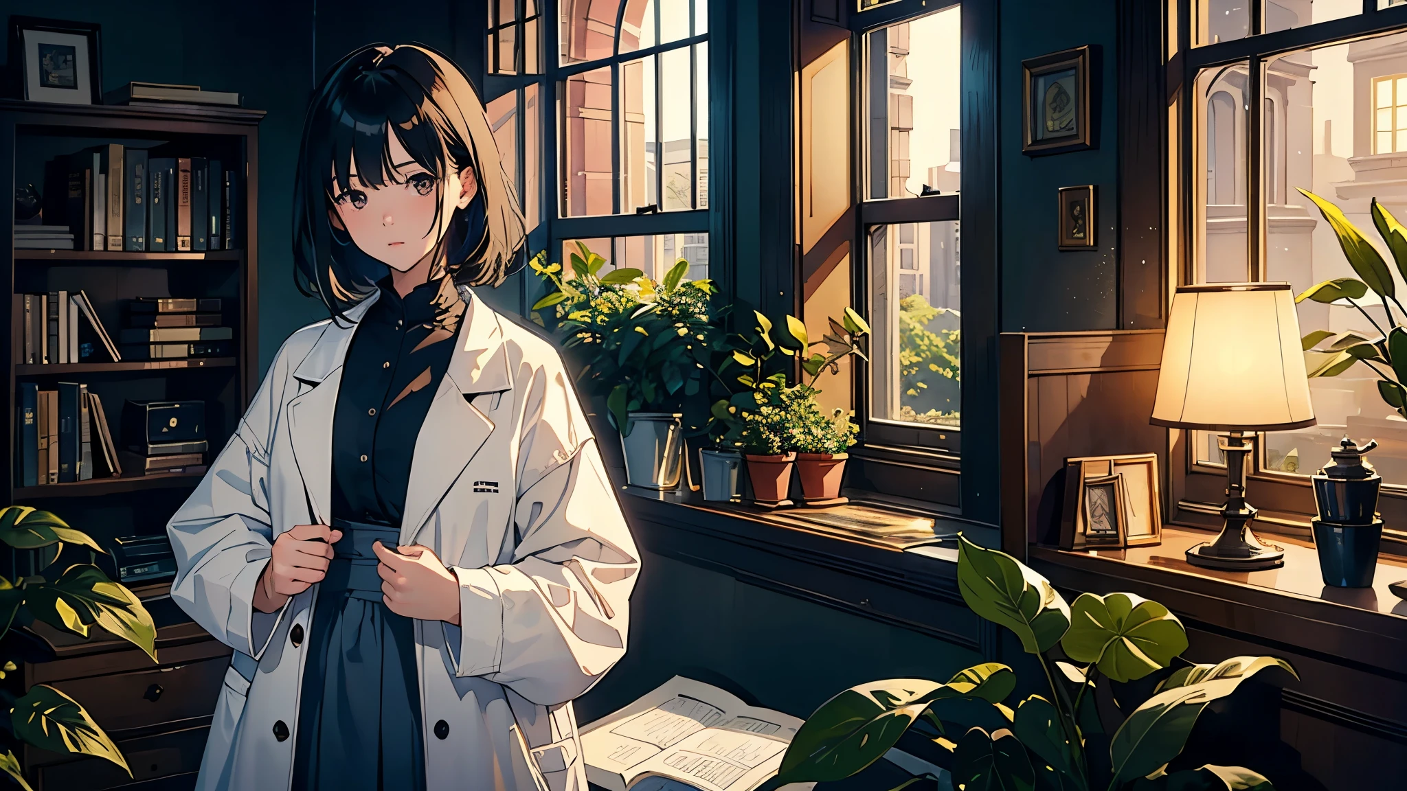 Anime girl in a white coat standing in a room with a window - SeaArt AI