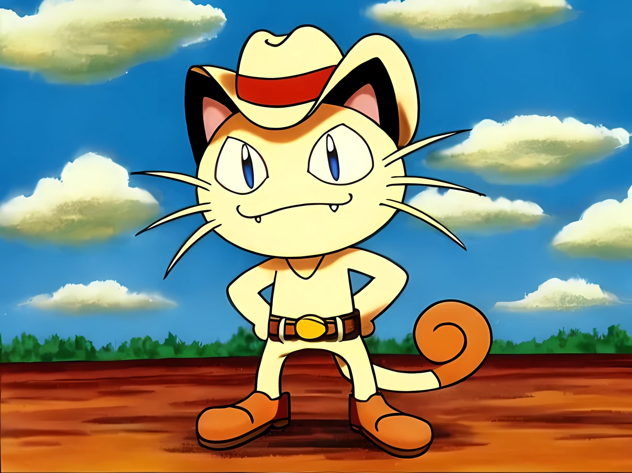 Meowth happy with a cowboy hat, Pokemon, 1990s style