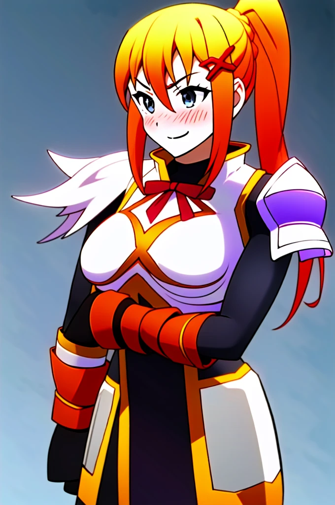 Twintail, red hair, 1girl, (grey eyes:1.5), well toned, well built, muscled, toned muscles, blushing, sweating, smiling, armor, blue eyes, hair ornament, gloves, shoulder armor, braid, black gloves, pauldrons, white boots, darkness \(konosuba\)