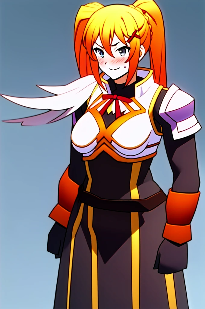 Twintail, red hair, 1girl, (grey eyes:1.5), well toned, well built, muscled, toned muscles, blushing, sweating, smiling, armor, blue eyes, hair ornament, gloves, shoulder armor, braid, black gloves, pauldrons, white boots, darkness \(konosuba\)