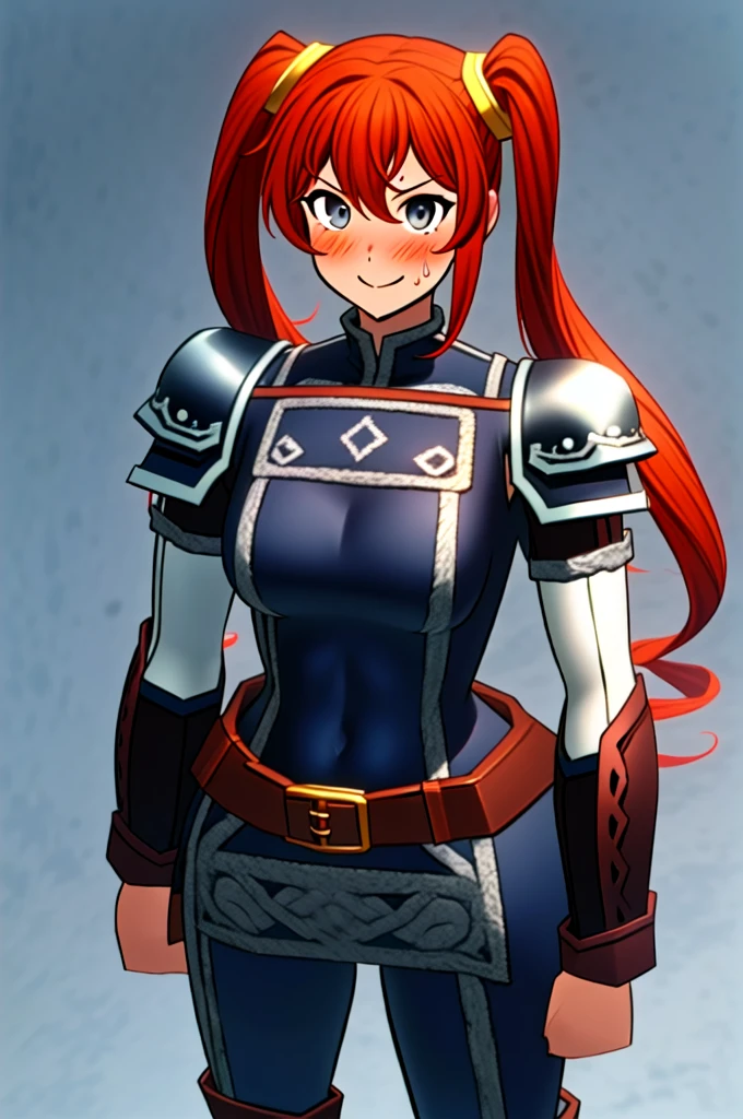 Twintail, red hair, 1girl, (grey eyes:1.5), well toned, well built, muscled, toned muscles, blushing, sweating, smiling, armor, blue eyes, hair ornament, gloves, shoulder armor, braid, black gloves, pauldrons, white boots, darkness \(konosuba\)