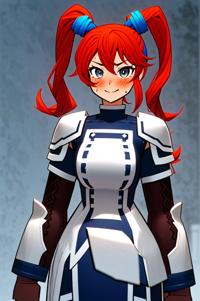 Twintail, red hair, 1girl, (grey eyes:1.5), well toned, well built, muscled, toned muscles, blushing, sweating, smiling, armor, blue eyes, hair ornament, gloves, shoulder armor, braid, black gloves, pauldrons, white boots, darkness \(konosuba\)