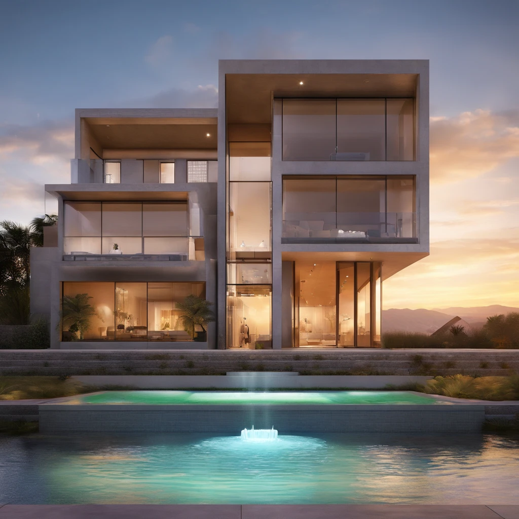 Masterpiece, realistic, breathtaking, High Quality, High Resolution, River Rock Stone faced 100,000 sq. ft. Mansion, Luxury, intricate details, water fountain in foreground working, Stunning, Masterpiece, Sunshine, Ray's Sparkle, golden hue