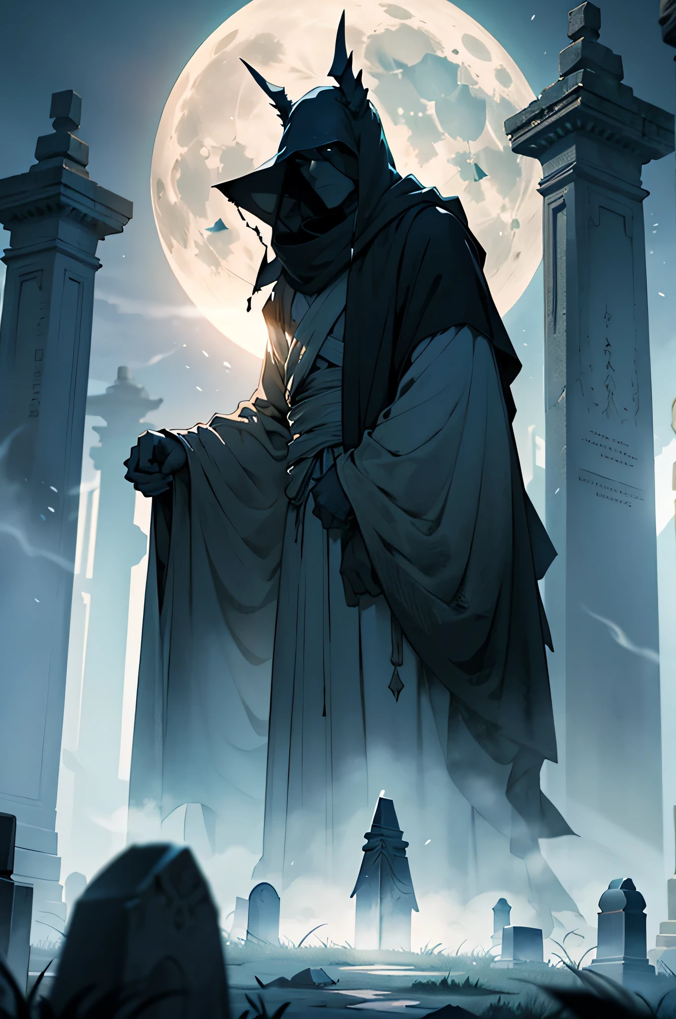 Surrounded by an ethereal blanket of fog and the gentle glow of moonlight, a solitary figure emerges from the mist-shrouded ruins of an ancient cemetery. The figure, draped in a voluminous robe, is revealed to be a necromancer, his enigmatic gaze locked onto ours. The tranquil scene is tinged with a sense of eerie beauty as tombstones loom in the background, their somber silhouettes standing sentinel like silent guards. Candles flicker around the necromancer, casting flickering shadows upon the crumbling stones, their light dancing upon the weathered inscriptions that whisper tales of the past. A