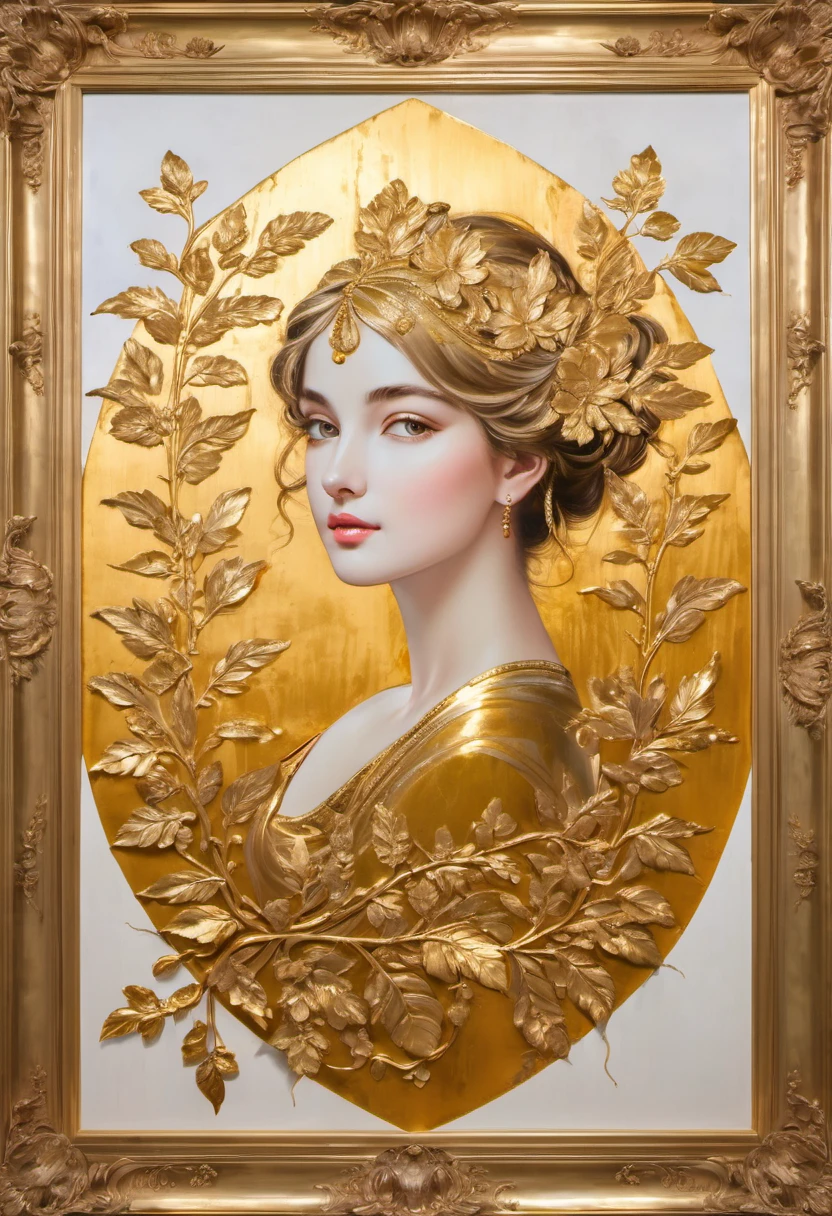 gold leaf art, shiny surface, delicate brush strokes, intricate details, best quality, highres, masterpiece:1.2, vivid colors, portraits, warm and golden tones, soft lighting, fine texture, fine lines, elegant and luxurious, antique feel, traditional craftsmanship, reflective surfaces, historical inspirations, gilded frames
