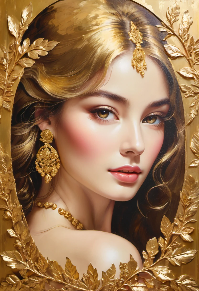 gold leaf art, shiny surface, delicate brush strokes, intricate details, best quality, highres, masterpiece:1.2, vivid colors, portraits, warm and golden tones, soft lighting, fine texture, fine lines, elegant and luxurious, antique feel, traditional craftsmanship, reflective surfaces, historical inspirations, gilded frames