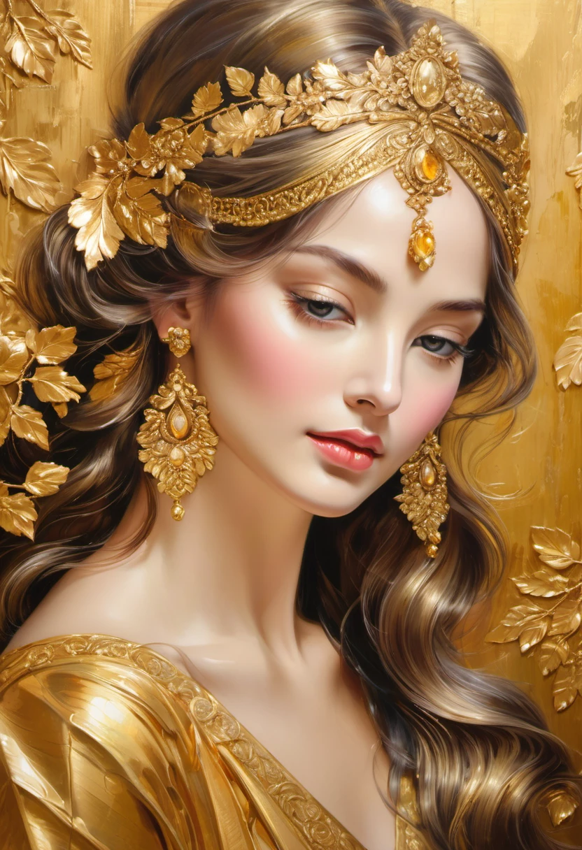 gold leaf art, shiny surface, delicate brush strokes, intricate details, best quality, highres, masterpiece:1.2, vivid colors, portraits, warm and golden tones, soft lighting, fine texture, fine lines, elegant and luxurious, antique feel, traditional craftsmanship, reflective surfaces, historical inspirations, gilded frames