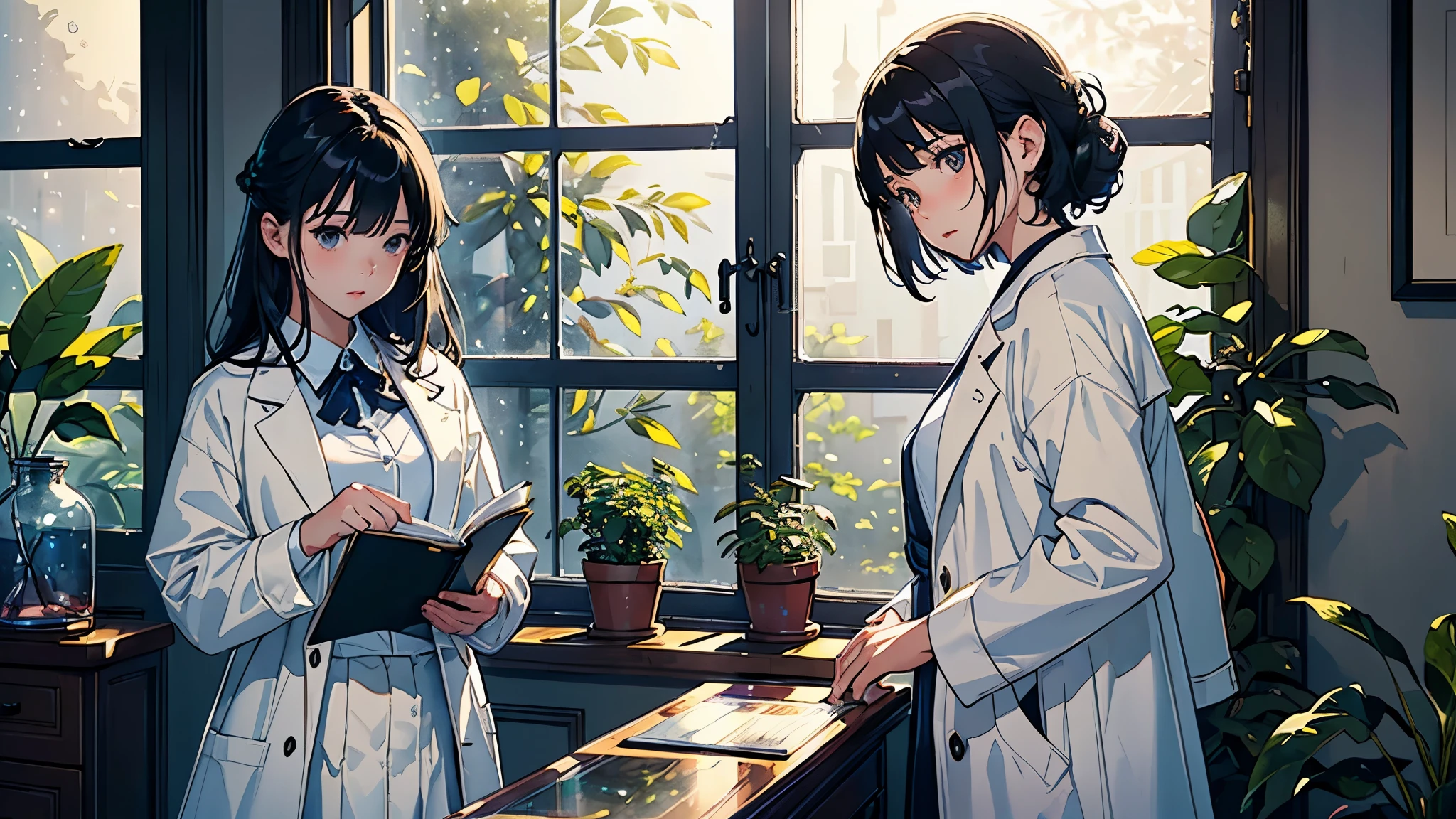 (highest quality、masterpiece、High resolution)、(Sargent style watercolor)、(anime art)、cinematic light、soft light、((1 girl))、20-year-old、((With documents、Standing by the wall))、black hair、short hair、semi-long、Put your hair up、(detailed depiction of the face)、((wearing a white coat))、(uniform、long skirt)、sophisticated look、small breasts、anatomically accurate hands、whole body、graduate School、Large bookshelf、Specimen shelf、Mineral specimens、Insect specimenicroscope、Laboratory instrument、Foliage plant、 blur the background、Window、((Night view outside the window))、((indoors at night、illumination))、